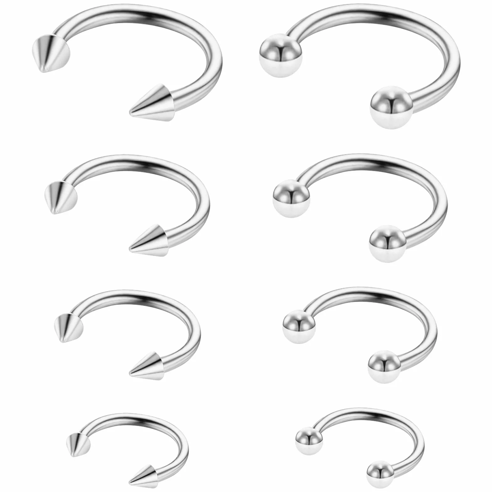 Telooco Pierścienie do przegrody nosowej, stal chirurgiczna, podkowa, obręcz, do brwi, warg, pępka, piercing do przegrody nosowej, biżuteria dla kobiet, mężczyzn, 6/8/10/12 mm, 8 szt., srebrne, 8 szt