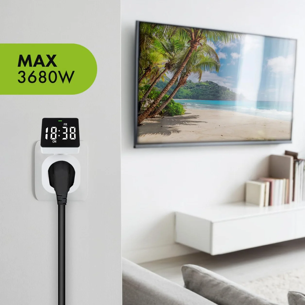 Green Blue Cyfrowy programator czasowy gniazdko z 8 indywidualnie ustawianymi programami | maks. obciążenie 16 A/3680 W | wyświetlacz LCD, klasa ochrony IP20 do użytku w pomieszczeniach
