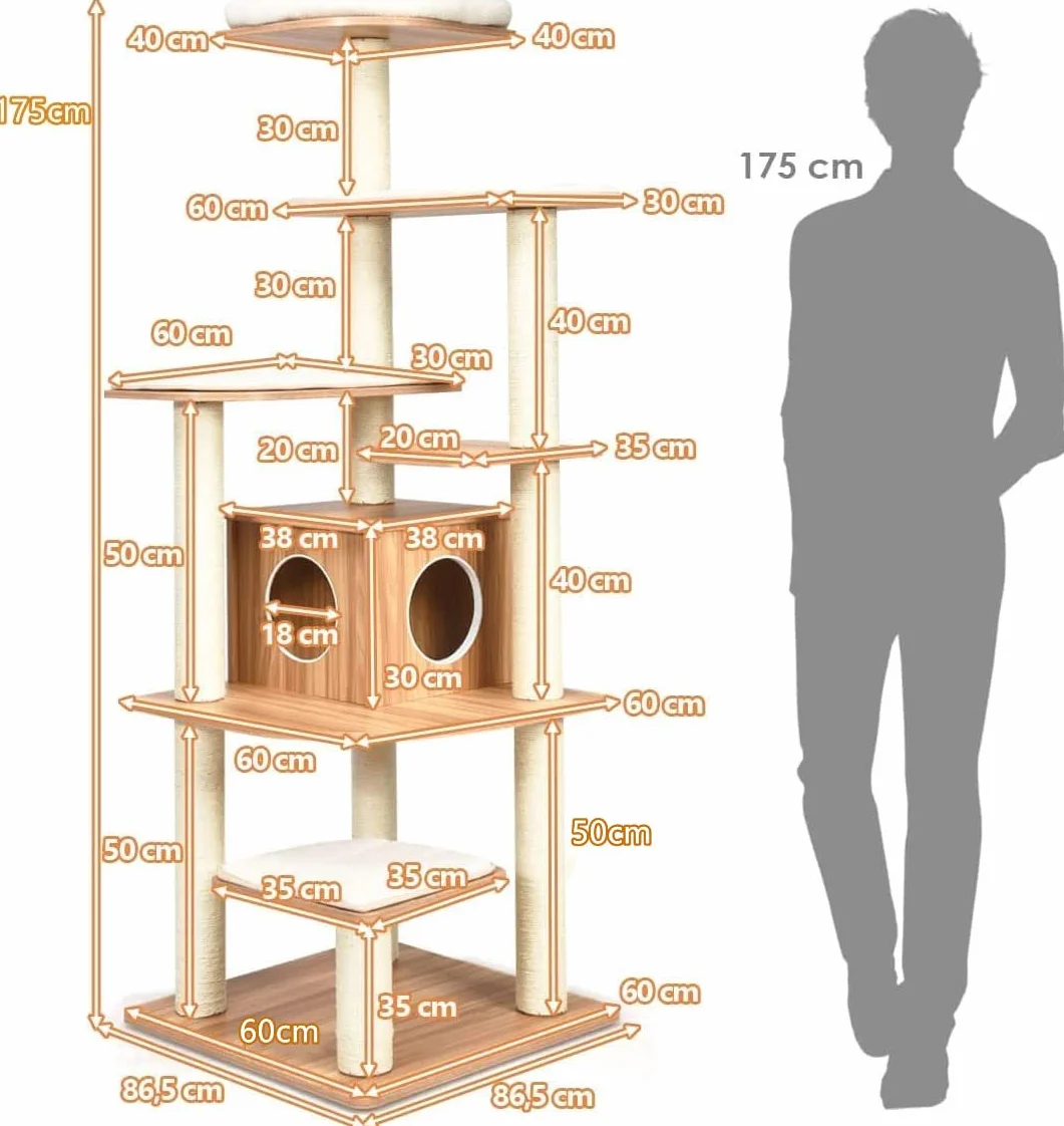 COSTWAY Drapak z Drewna 175 cm, 6-Stopniowy Domek do Zabawy dla Kotów z Jaskiniami i 5 Matami, Drzewo Aktywności, Meble, Drzewo do Wspinaczki, Beżowy + Naturalny