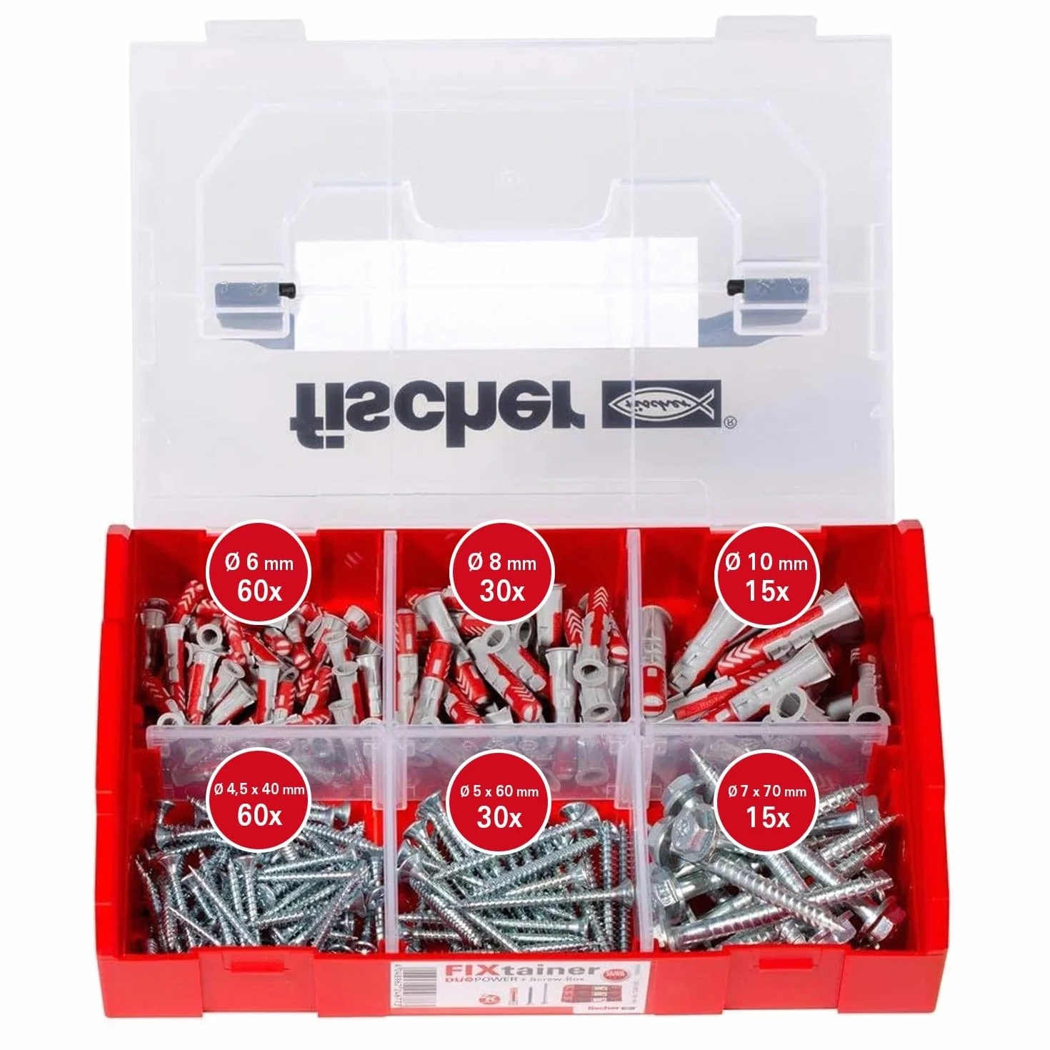 fischer FixTainer DuoPower ze śrubą, pudełko na kołki z 210 śrubami i kołkami DuoPower (60 szt. 6 x 30, 30 szt. 8 x 40, 15 szt. 10 x 50), uniwersalny zestaw do mocowania