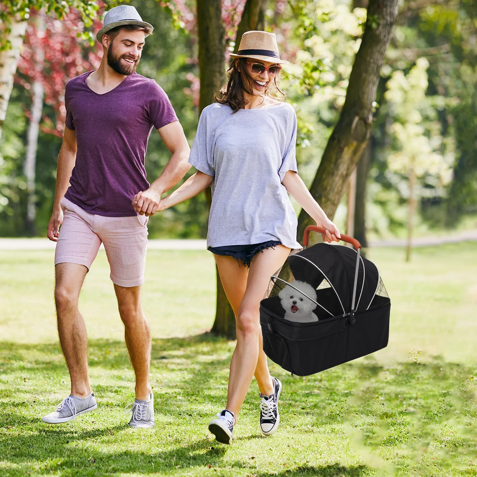 Wózek dla psa 3 w 1, składany wózek dla psa, do 20 kg, wózek dla psa z uniwersalnym kołem 360° z hamulcem, kosz do przechowywania, okno z siatki, uchwyt na kubek i regulowany uchwyt, dla psów kotów