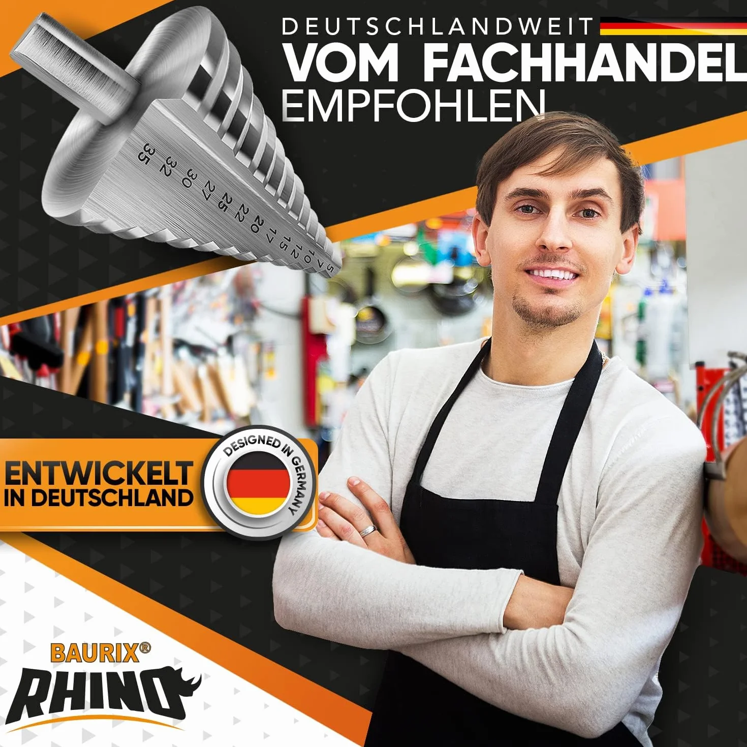 BAURIX® Wiertło stopniowe HSS RHINO® [Ø 5-35mm] - 10 mm trzonek trójkątny - Tokarka do metalu, drewna i tworzyw sztucznych (nie do stali nierdzewnej) - 13-stopniowe wiertło - Stożkowa końcówka