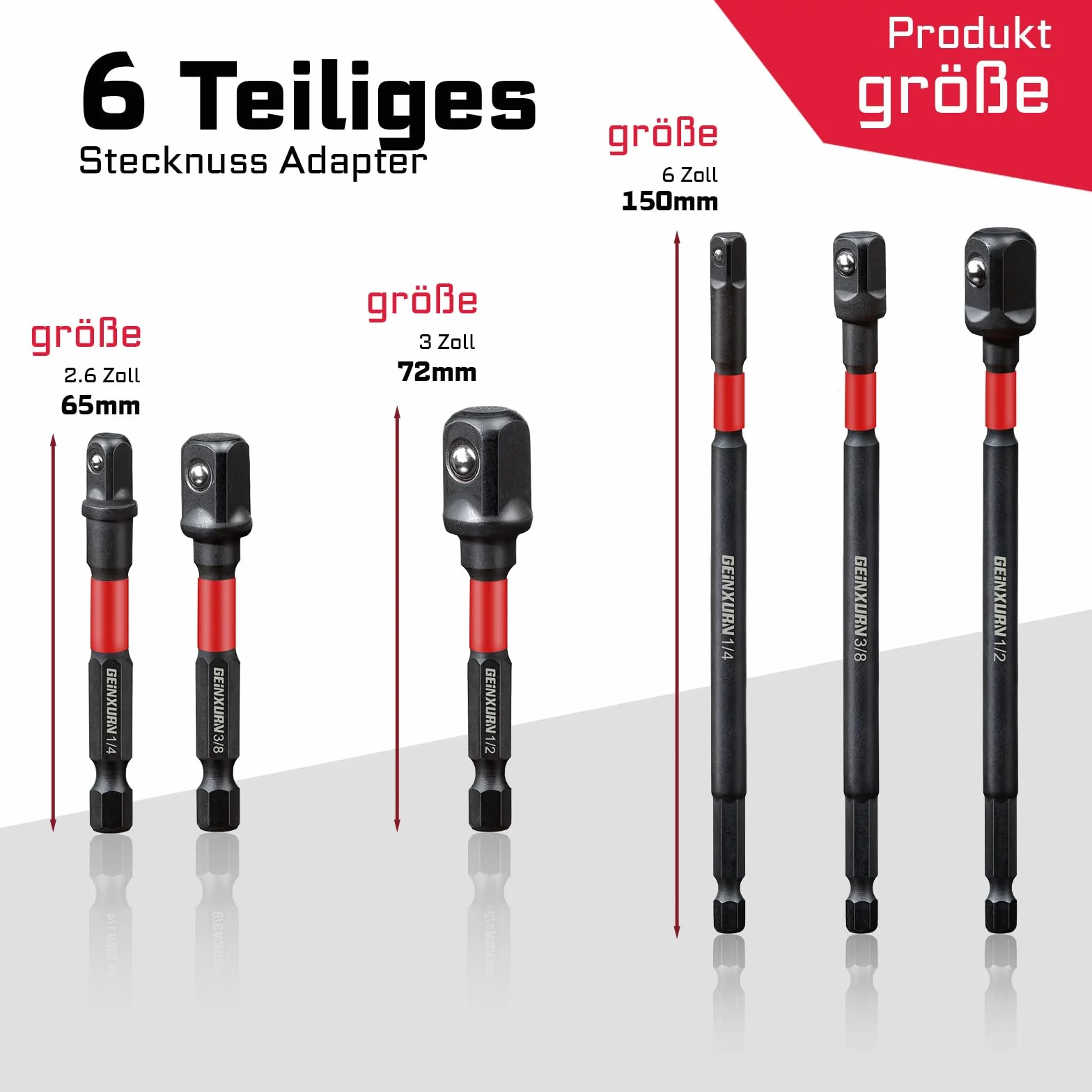 Adapter do kluczy nasadowych 1/4" 3/8" 1/2" 6 sztuk 150 mm Cr-V sześciokątny czworokątny do wiertarki i wkrętarki