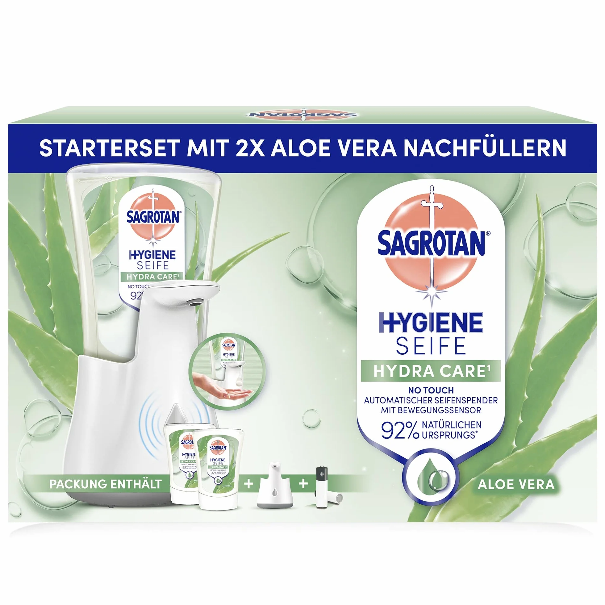 Sagrotan No-Touch automatyczny dozownik mydła, biały – opakowanie magazynowe – wraz z wkładami Sagrotan Aloe Vera – 2 x 250 ml mydła w płynie