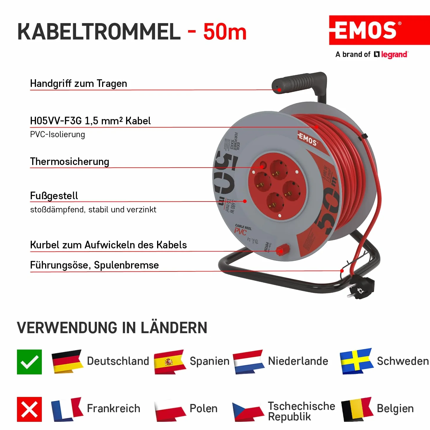 EMOS - Bęben kablowy 50 m – 4 gniazda Schuko – 230 V, 16 A, 3680 W – wysokiej jakości izolacja PCW – H05VV-F3G 1,5 mm² – zabezpieczenie przed przegrzaniem – IP20 do użytku wewnątrz pomieszczeń