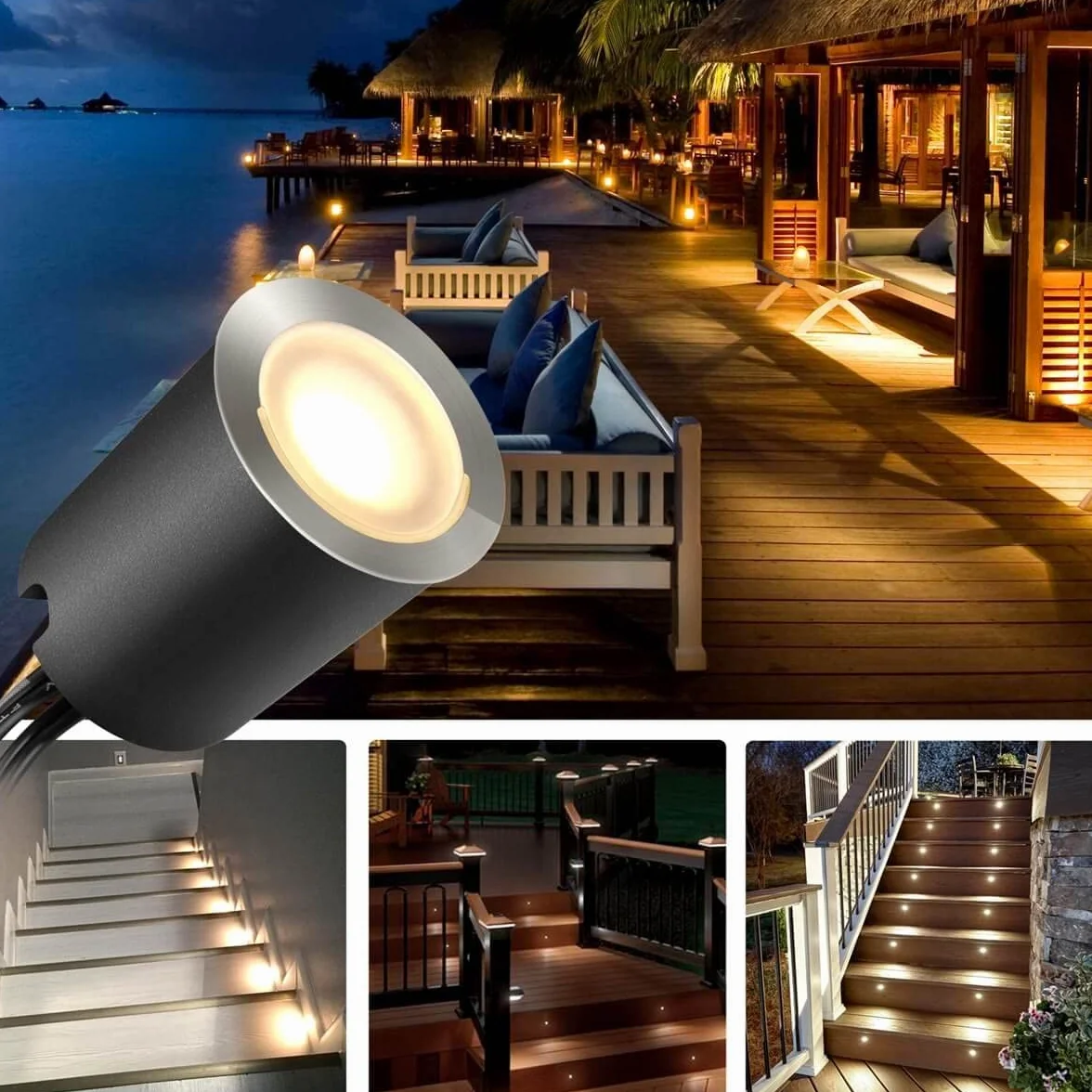 SMY Zestaw 10 sztuk wpuszczanych reflektorów LED, wodoszczelność IP67, Ø 32 mm, zewnętrzne reflektory wpuszczane na taras, drewno, basen, ogród, drewniane schody (z wtyczką UE) (10 diod LED, ciepła