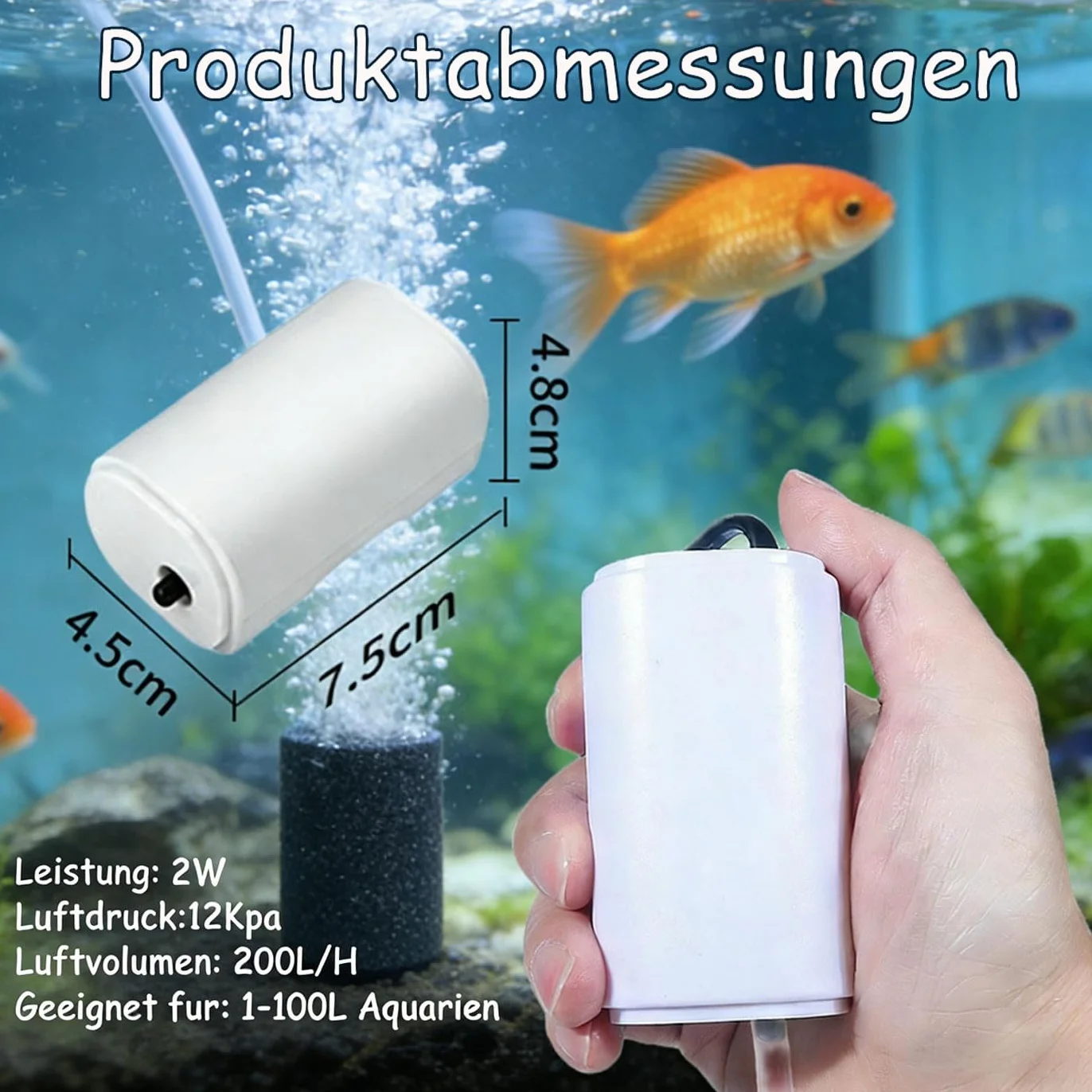 Pompa powietrza do akwarium, 25 decybeli, 200 l/h, wydajny napowietrzacz do akwariów do 100 l, perlator z akcesoriami