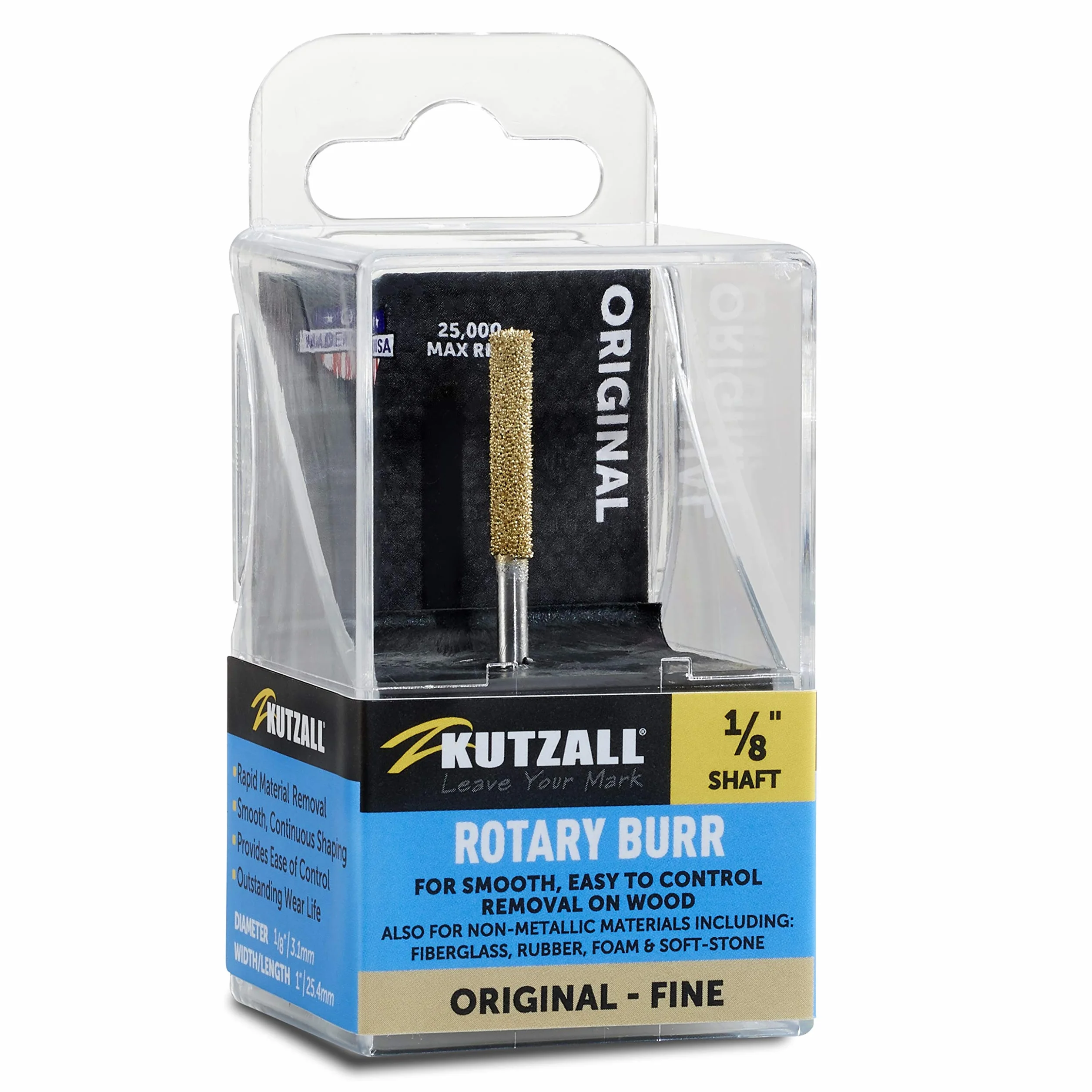 Kutzall Original Cylinder Rotary Burr, 1⁄8" Shaft, Fine - Woodworking Attachment for Dremel, Foredom, DeWalt, Milwaukee. Abrasive Tungsten Carbide, 1⁄8" (3.1mm) Dia. X 7⁄8" (22.2mm) Length, C-18-EG