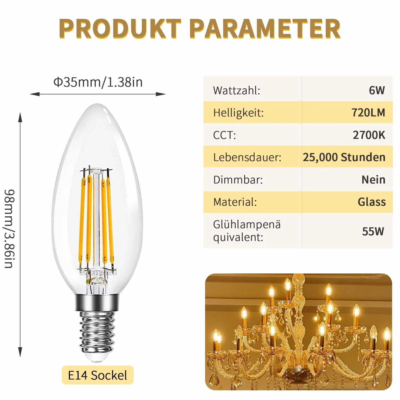 E14 żarówka LED z filamentem, ciepła biel 2700 K, przezroczyste szkło, 720 lm, 6 W (= 55 W), żarówka w stylu retro, bez możliwości ściemniania, do żyrandoli i dekoracji, 4 sztuki w opakowaniu