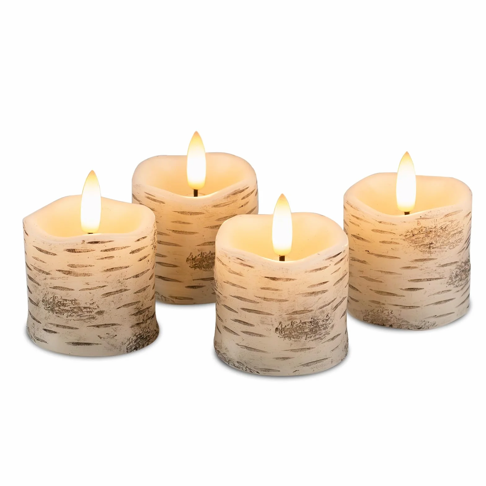 Rhytsing 4 Białe świeczki LED imitujące białą brzozę z timerem, bez płomienia, wykonane z prawdziwego wosku, bateriowo zasilane świeczki typu tealight na Boże Narodzenie - średnica 5cm