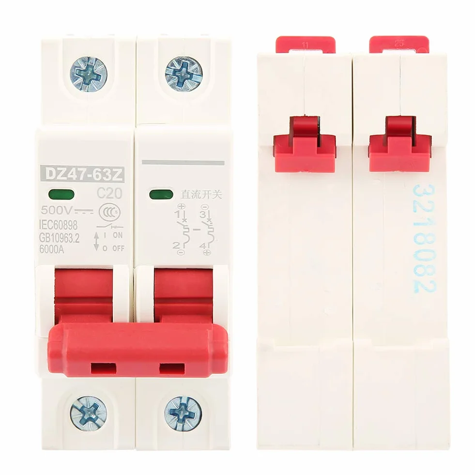 Wyłącznik, Wyłącznik Miniaturowy 2P DC MCB, Wyłącznik 500V DC DZ47-63Z-2P, Wyłącznik Nadprądowy 16A 20A 63A Opcjonalnie, 20A