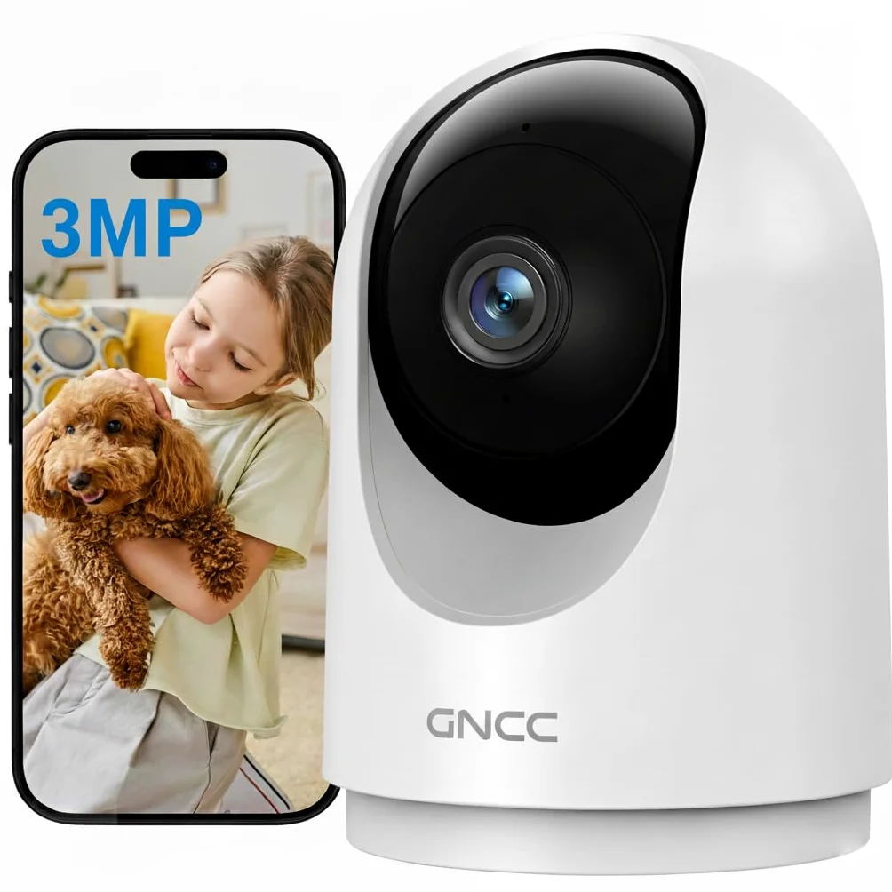 GNCC Wewnętrzna kamera bezpieczeństwa 2K/3MP, WiFi, kamera CCTV, ochrona domu, 360°, monitorowanie dla zwierząt domowych, z noktowizorem, wykrywanie ruchu, 2-drożna rozmowa, chmura/SD, działa tylko z
