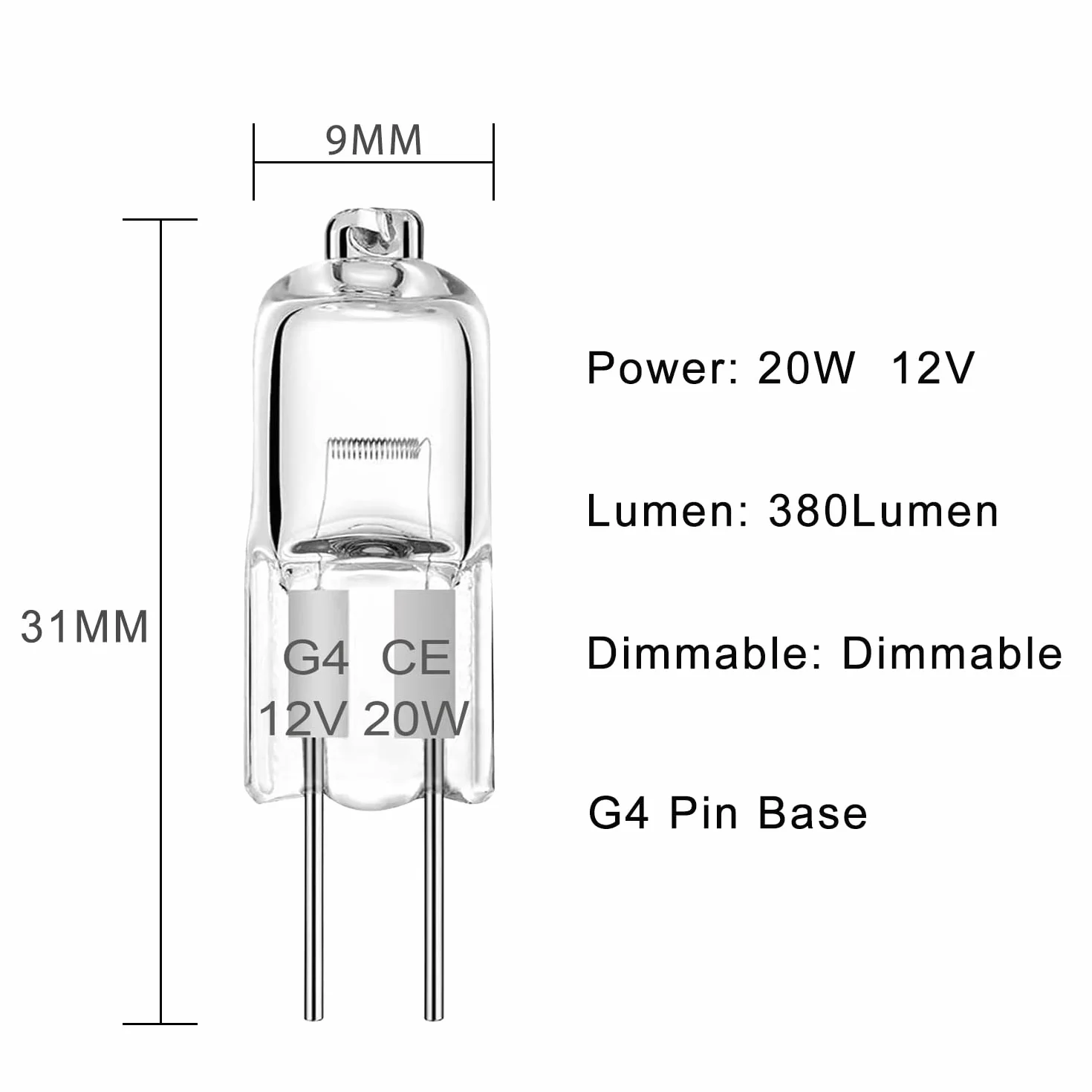 G4 żarówka halogenowa 12 V 20 W, 2 piny, przezroczyste lampy kapsułkowe, ciepła biel 2700 K, długi 生命周期