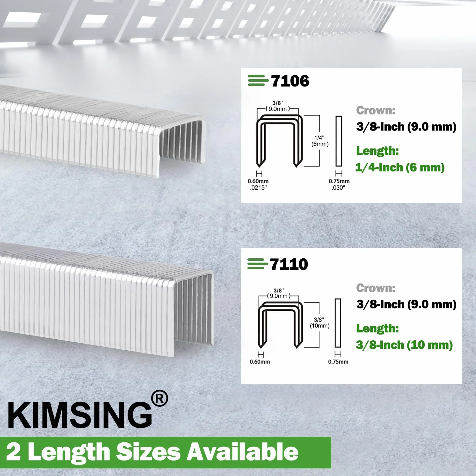 KIMSING 22 Gauge typ 71 galwanizowane zszywki tapicerskie, korona 9 mm, długość 6 mm lub 10 mm, zszywki tapicerskie z cienkiego drutu, łączniki do zszywacza powietrznego, zszywacza (długość 6 mm - 1 pudełko)
