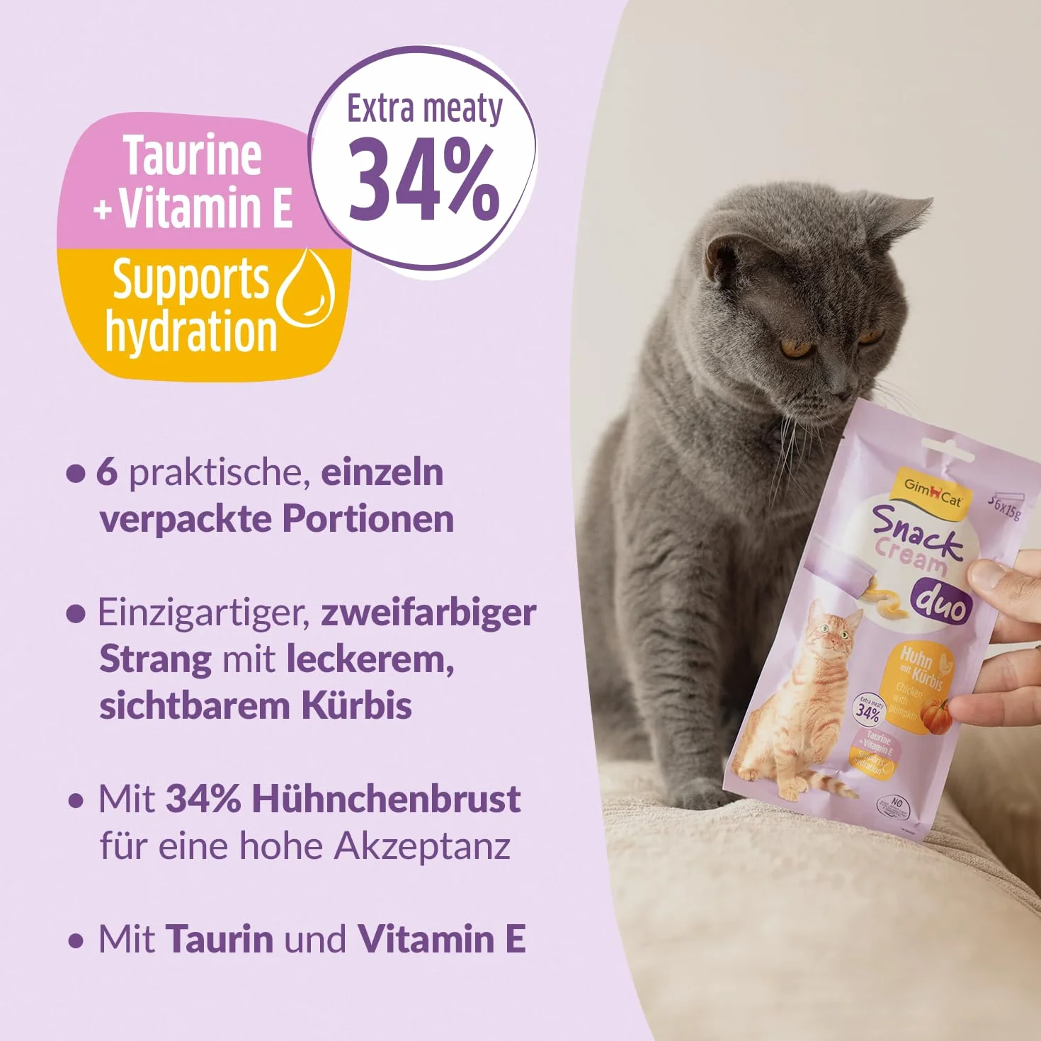 GimCat Snack Cream Duo kurczak i dynia – pyszny krem na przekąski dla kotów w praktycznych, pojedynczo zapakowanych porcjach – 6 sztuk (6 x 15 g)