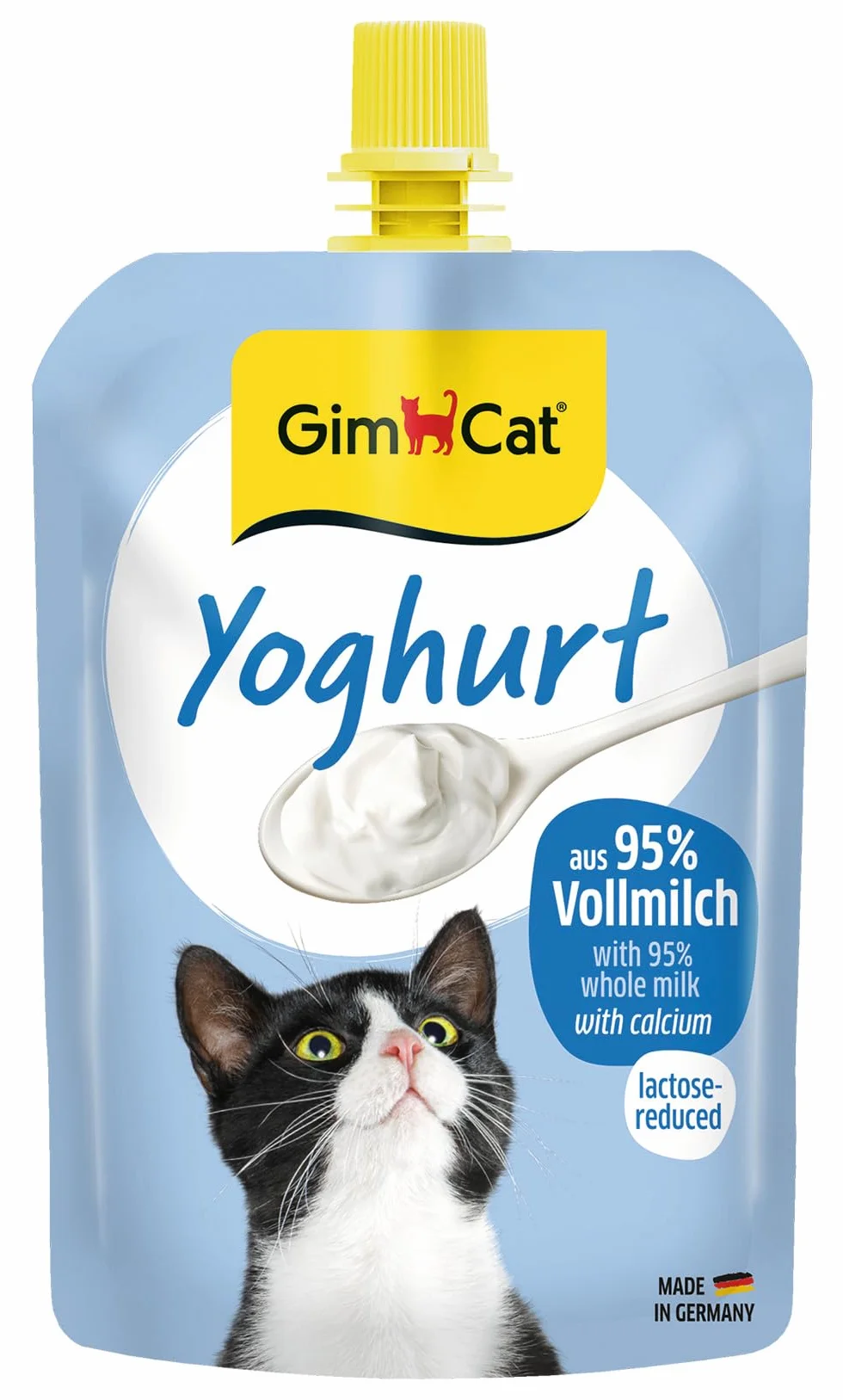GimCat Yoghurt - Przysmak dla kotów o obniżonej zawartości laktozy, przygotowany z pełnego mleka z dodatkiem wapnia z myślą o zdrowiu kości - 1 worek (1 × 150 g)