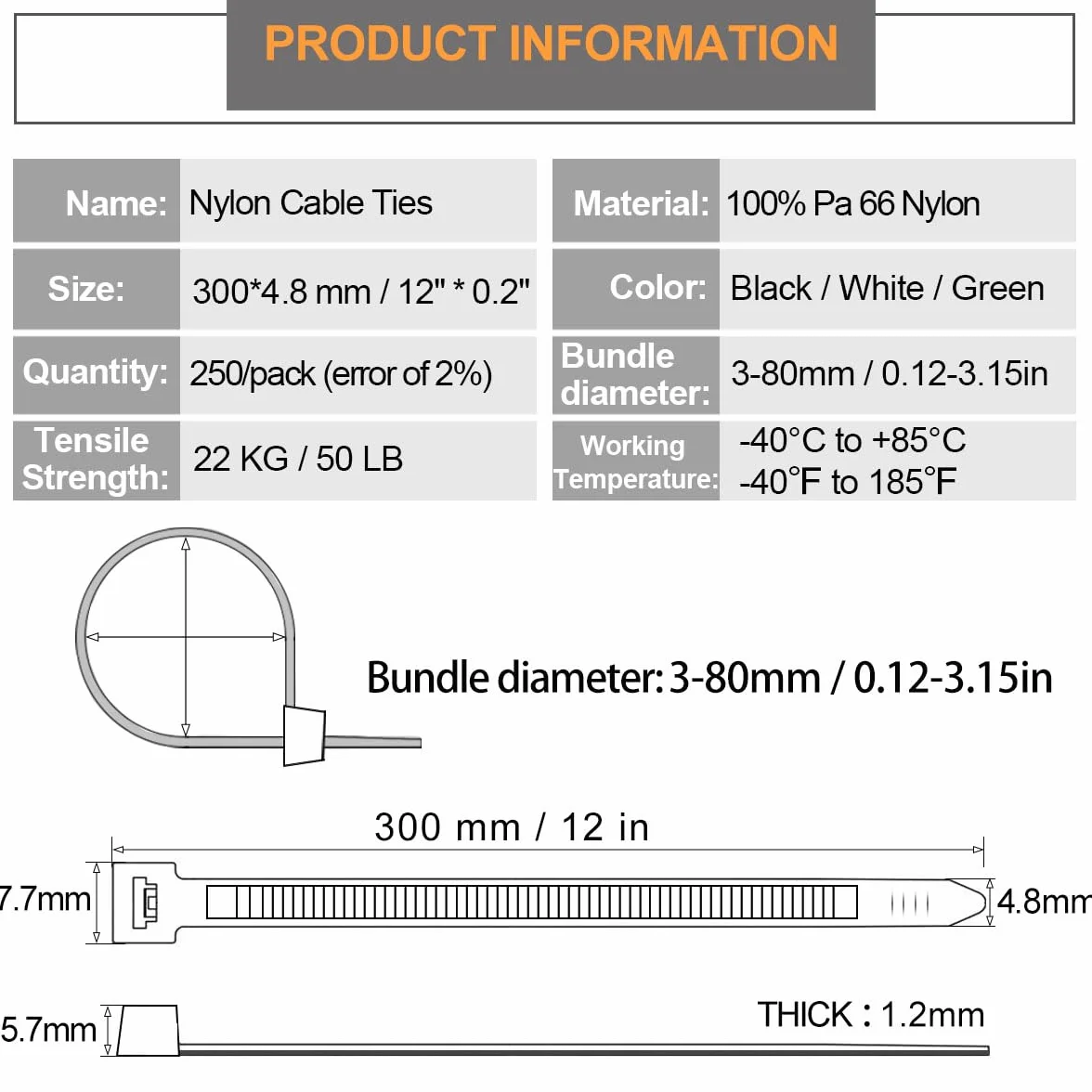 Nylonowe opaski kablowe samoblokujące 300 x 4,8 mm 250 sztuk czarne