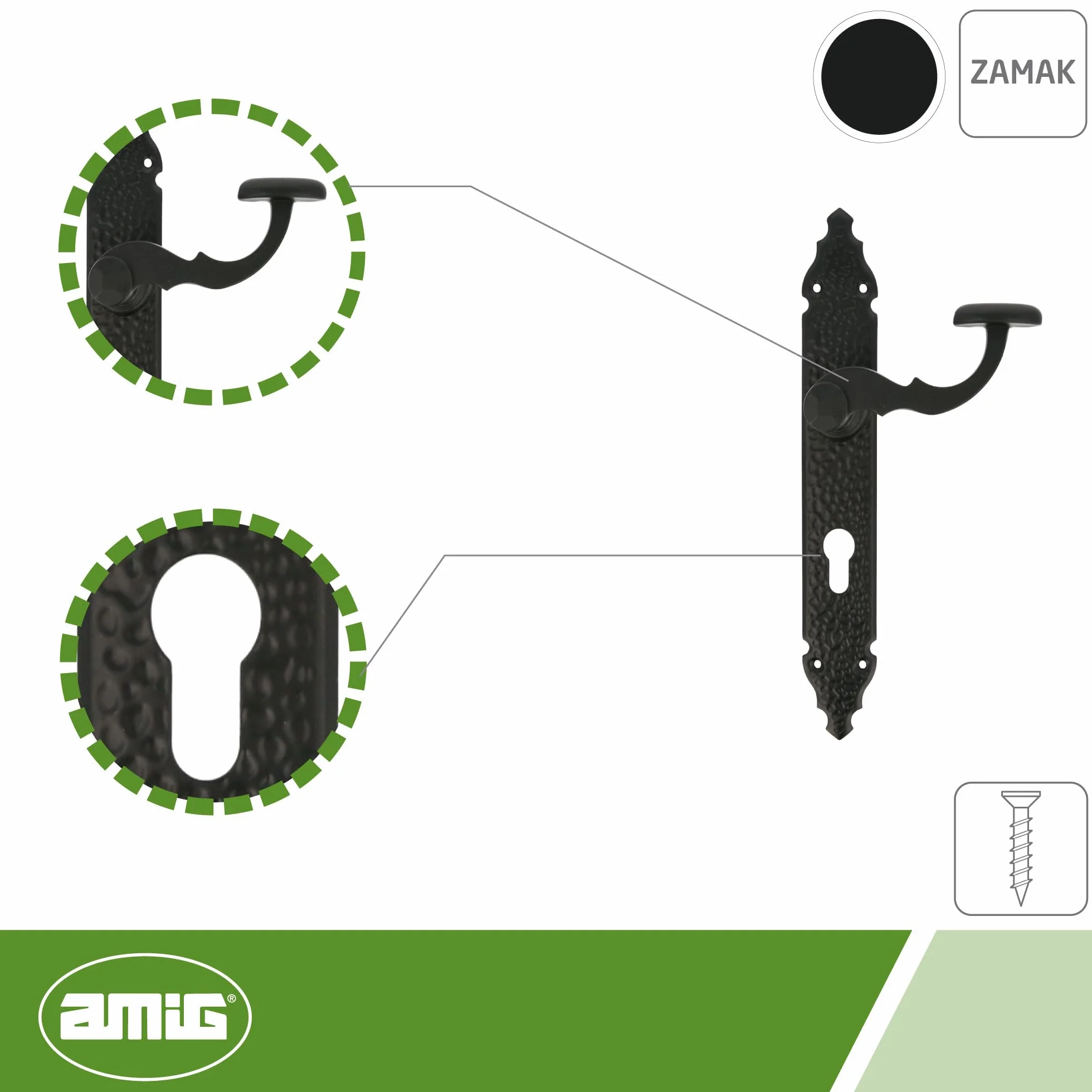 Amig - Zestaw uchwytów mod. 100 PB | 280 x 44 mm | Klamka Zamak ze stalową płytką | Czarne wykończenie | Zawiera końcówkę Europrofilową | Czworokąt 8 mm | Rustykalny ręcznie kuty styl