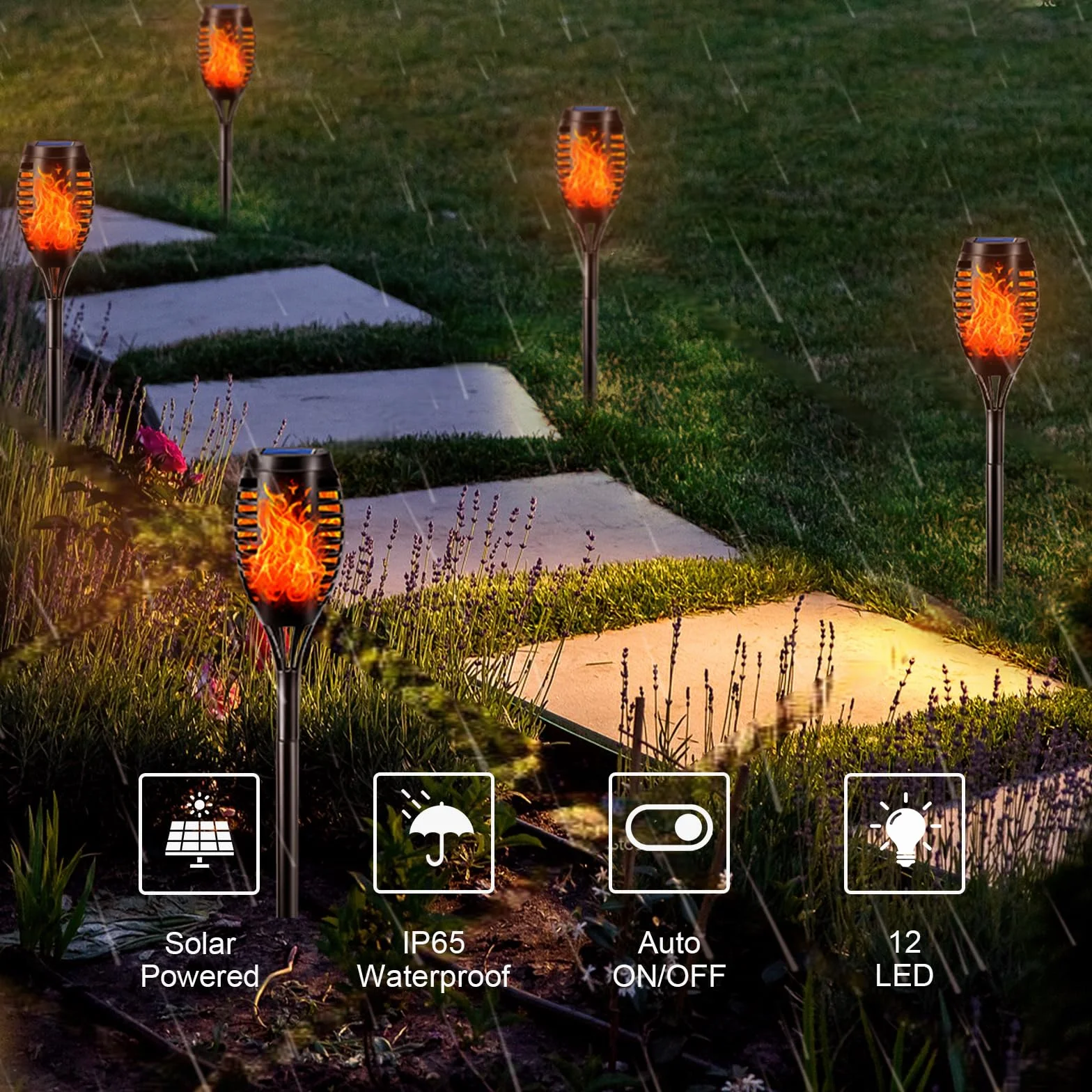 LQWELL Latarki solarne do ogrodu zewnętrznego, 6 sztuki, 12 diod LED, realistyczna lampa ścieżkowa z płomieniem, wodoodporność IP65, do trawnika, patio, dziedzińca (6 sztuki)