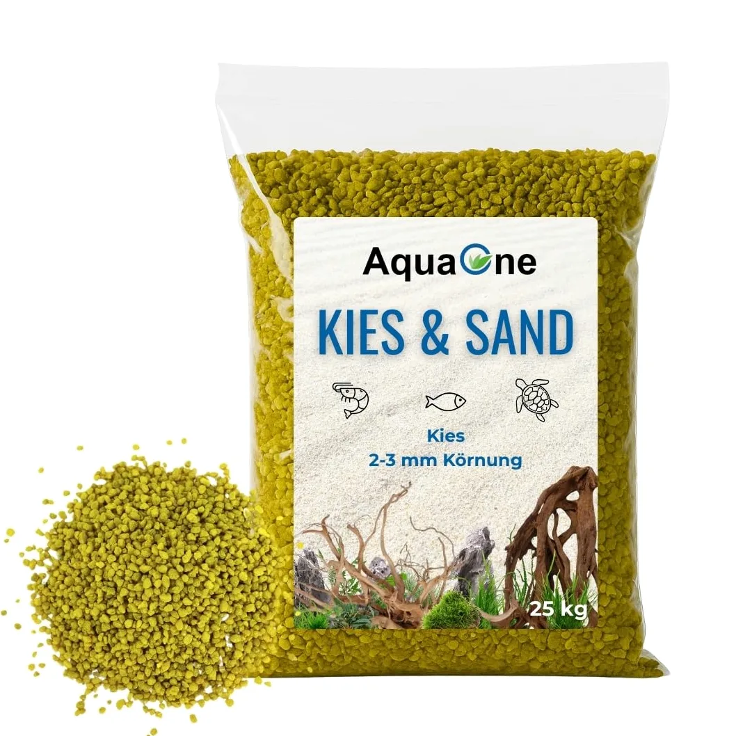 AquaOne Żwir do akwarium, 20 kg, żółty 2-3 mm, żwir akwariowy, jakość premium, żwirek kwarcowy, zaokrąglone ziarno, żwir akwariowy, dekoracja do akwarium