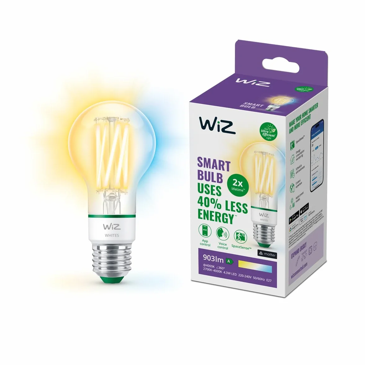 WiZ Ultra wydajna inteligentna lampa LED, E27, klasa efektywności energetycznej A, energooszczędna, automatyzacja i inteligentne sterowanie za pomocą aplikacji/głosu przez Wi-Fi