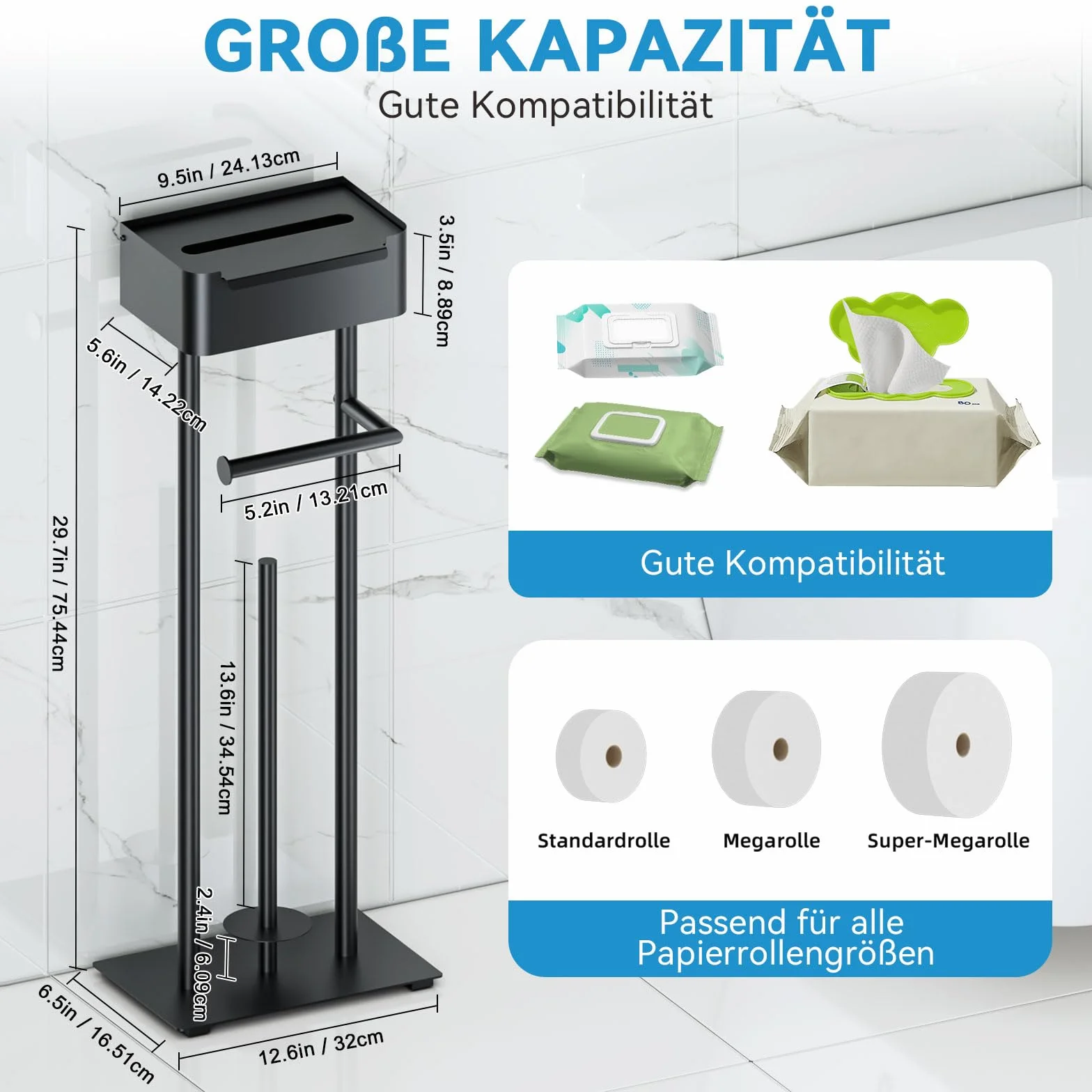 Stojak na papier toaletowy, z pudełkiem na chusteczki, stabilny, na 4 rolki (czarny)