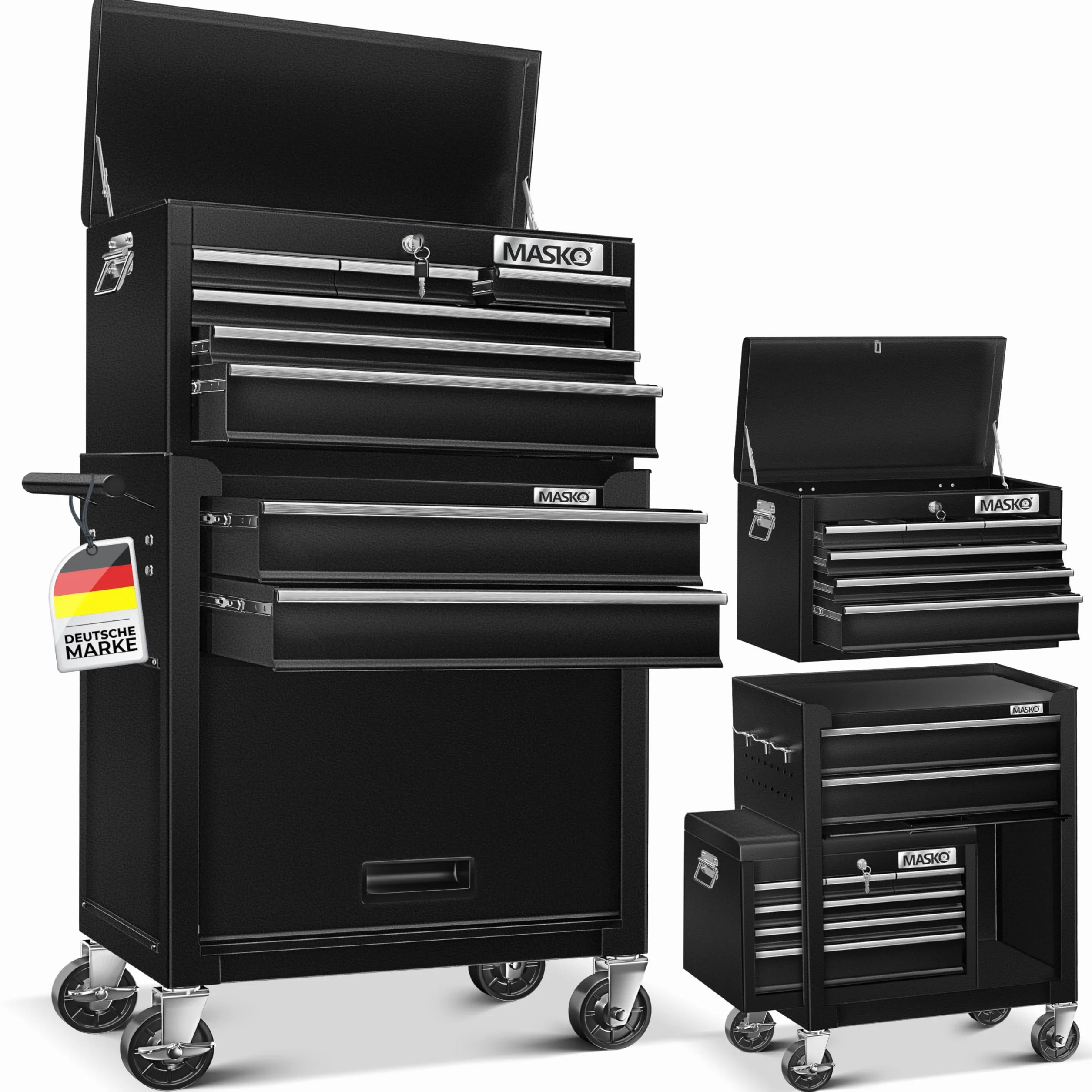 MASKO® Wózek warsztatowy z walizką, 9 przegródek, zamykany, masywny metal, mobilny, profesjonalny z zamkiem, czarny
