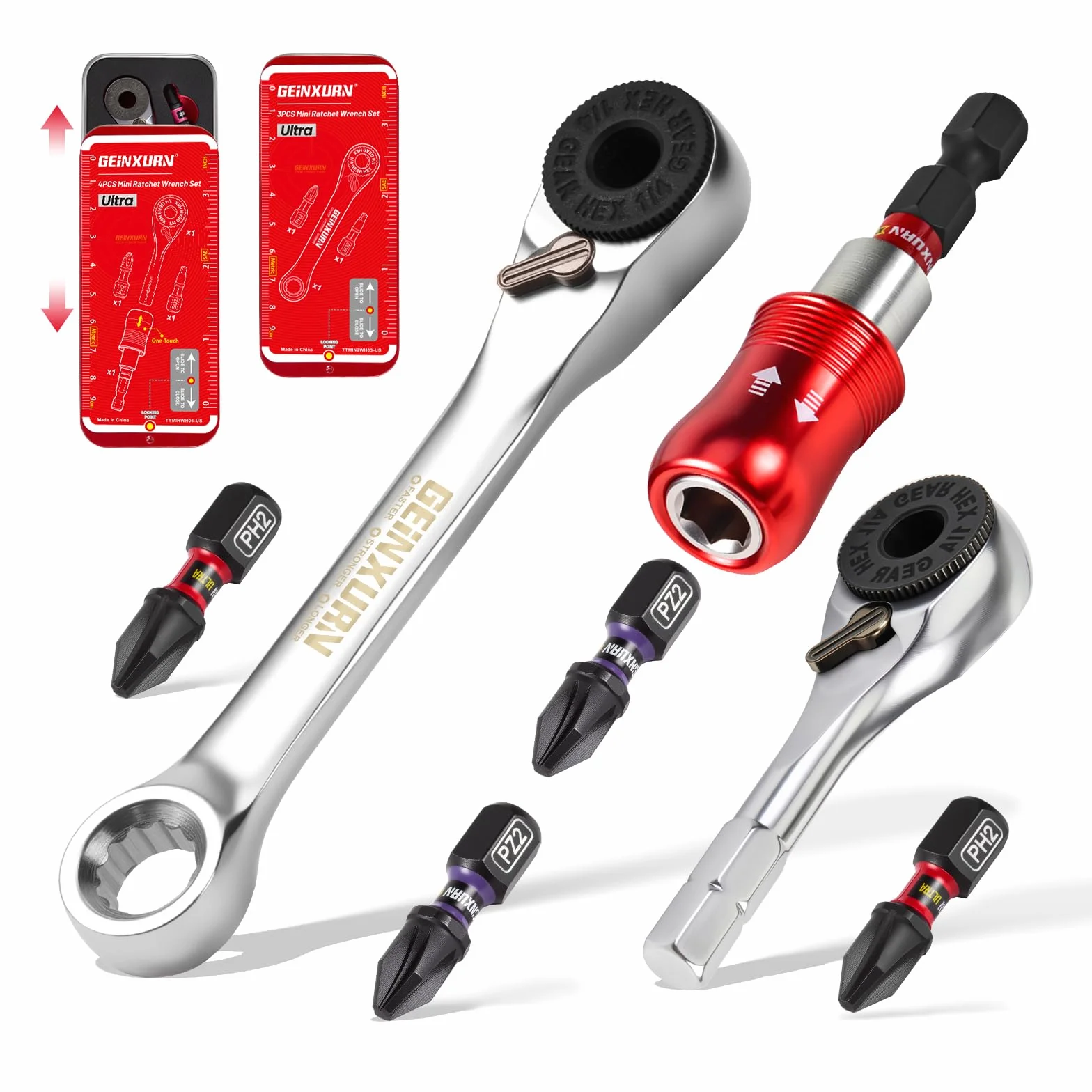 Geinxurn Zestaw 2 mini kluczy z grzechotką, 72 zęby, 1/10.2 cm, klucz nasadowy z grzechotką do ciasnych przestrzeni, z magnetycznym uchwytem na bity udarowe i bitami PH2 PZ2, wszystko w walizkach
