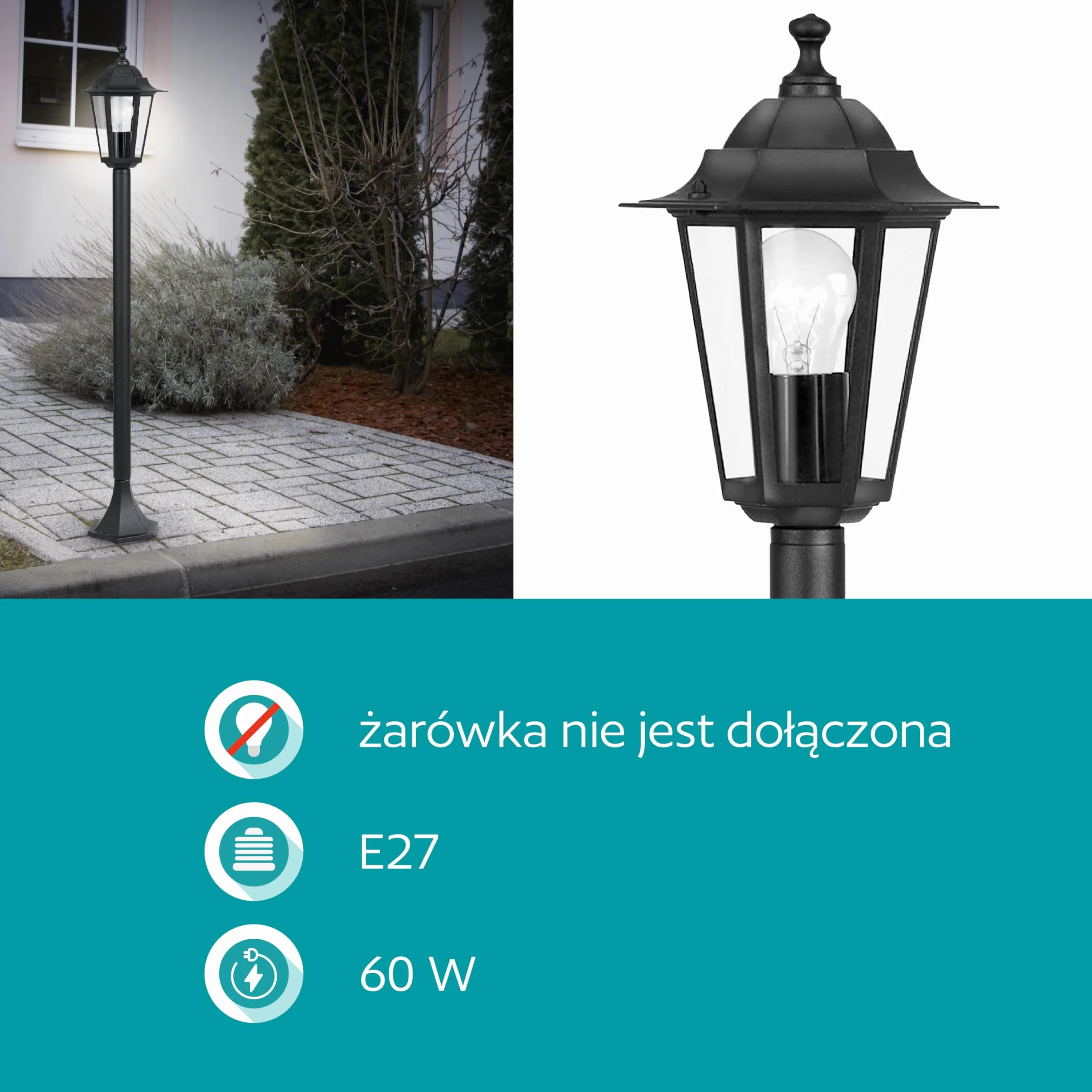 EGLO Zewnętrzna lampa stojąca Laterna 4, 1-punktowa światło światło z odlewu aluminiowego w kolorze czarnym i przezroczystym szkłem oprawka E27 IP44