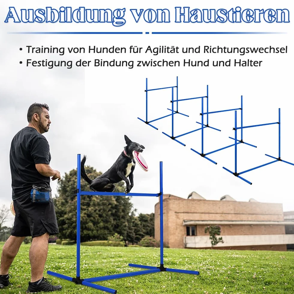 NAIZY Zestaw 4 płotków Agility Slalom dla zwierząt domowych, z regulacją wysokości, zestaw drążków treningowych dla psów, kotów, trening warunkowy, siła skoku, ruchliwość – niebieski