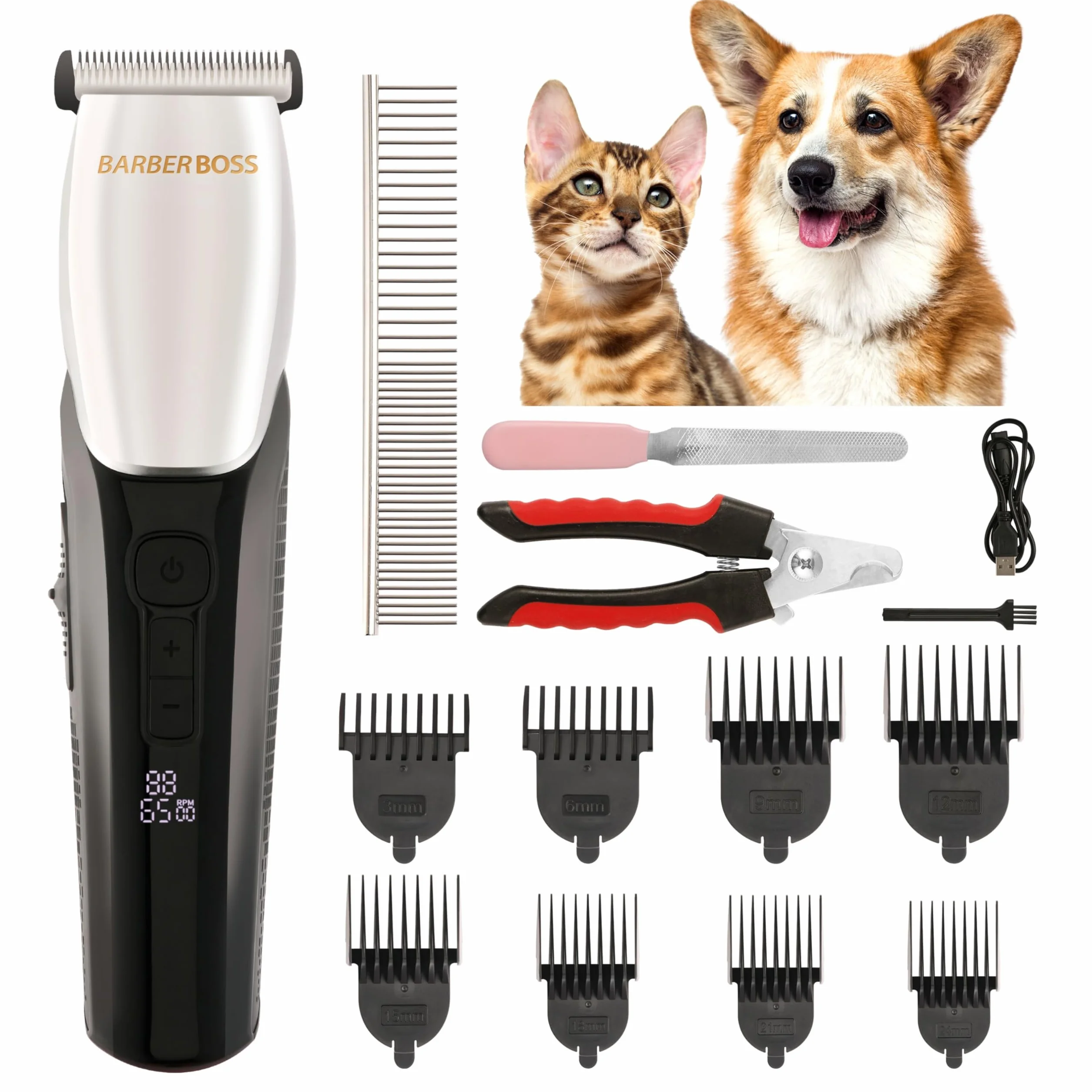 BarberBoss Dog Groomer - 8 nasadek grzebieniowych, elegancka konstrukcja, 4 ustawienia prędkości, 100% wodoodporność, ceramiczna głowica, wyświetlacz LED, maszynka do strzyżenia psów i kotów, QR-9083