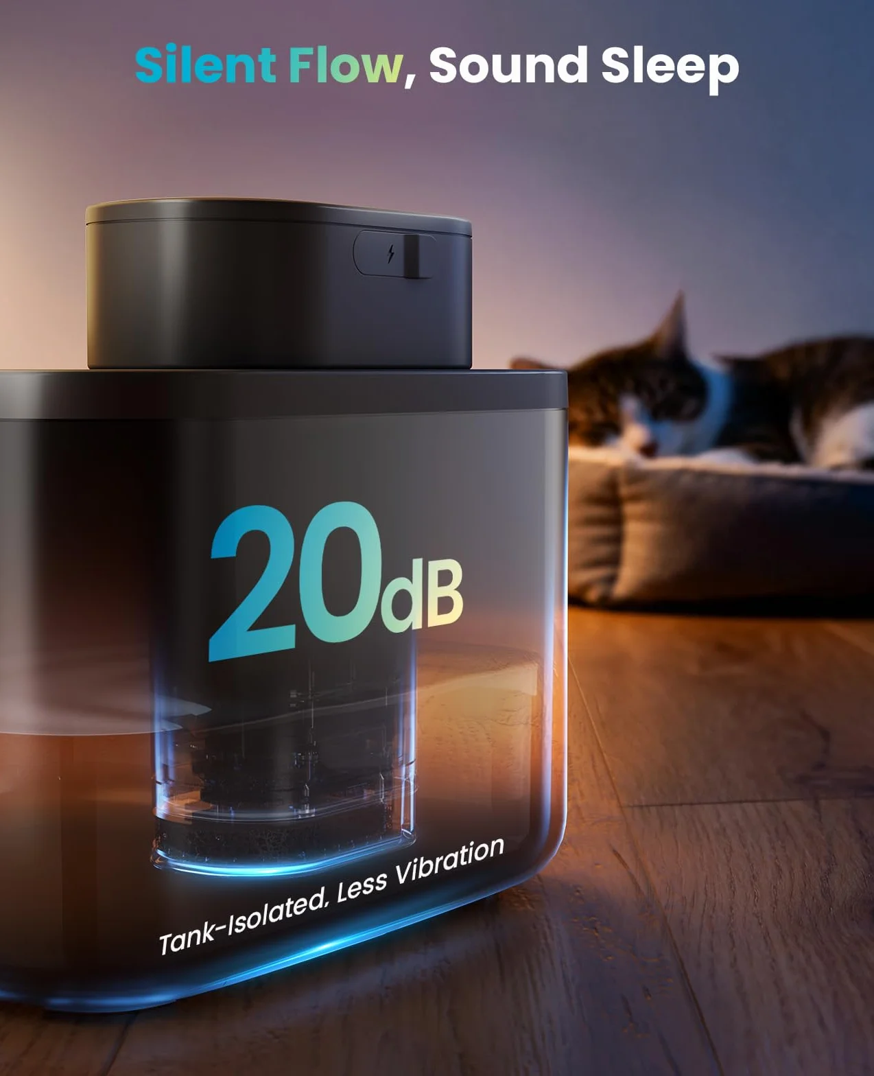 Bezprzewodowa fontanna dla kotów oneisall, fontanna o pojemności 2,2 l z czujnikiem ruchu, ultracicha wbudowana pompa SilentFlow™ (20 dB), zasilana bateryjnie, łatwa w czyszczeniu, kolor czarny