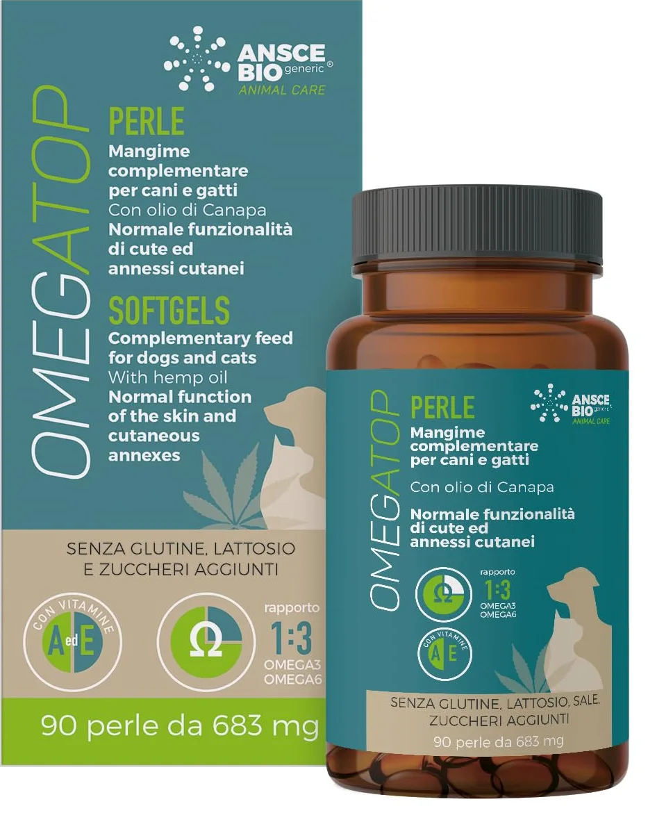 OMEGATOP Perle dla Psów i Kotów, Omega 3 i 6, Witaminy A i E, 90 Softgel | Wsparcie skóry i sierści