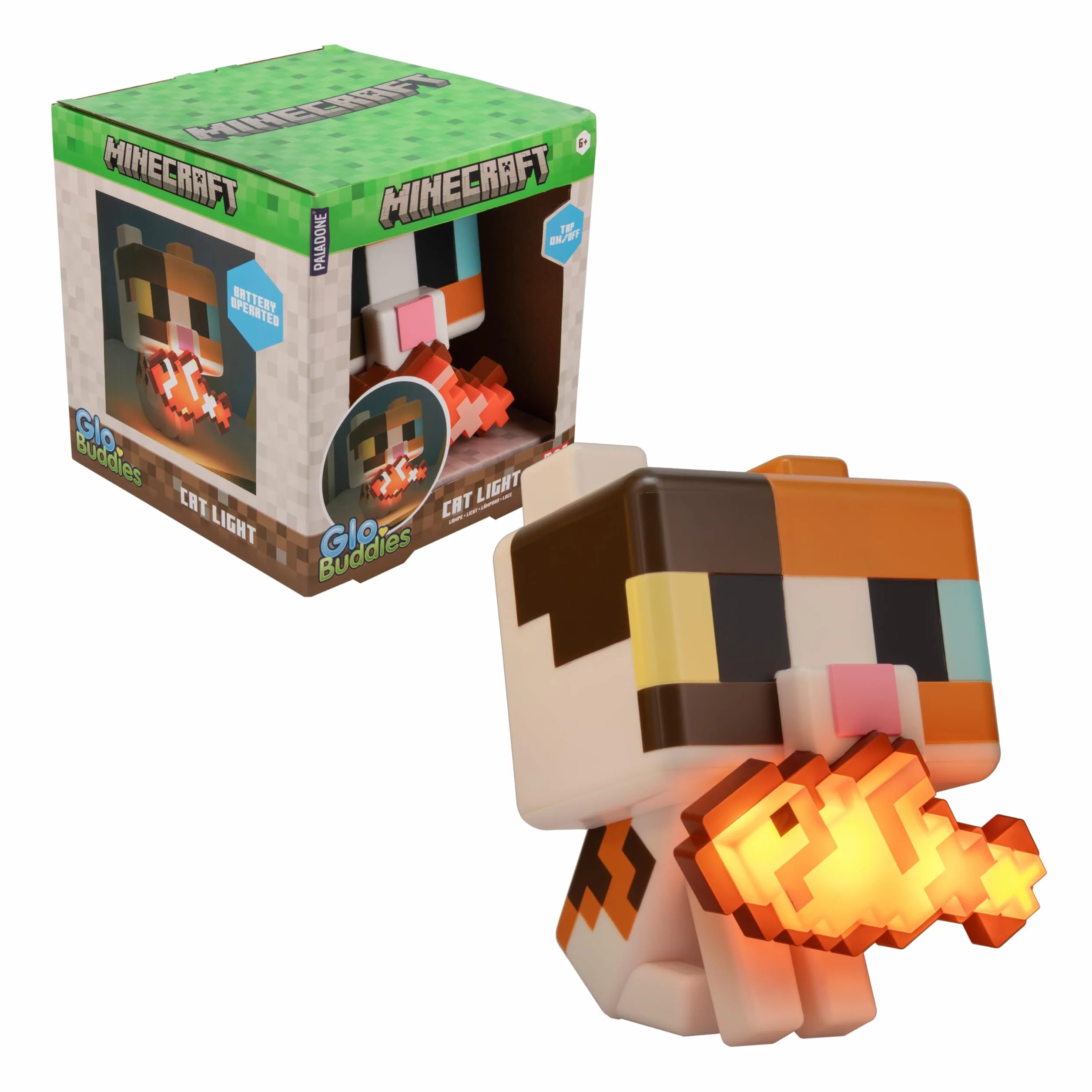 Paladone Minecraft Cat GloBuddies Light, lampa typu tap-to-on, 15 cm, z podświetlaną rybą, zasilana baterią AA, oficjalna licencja