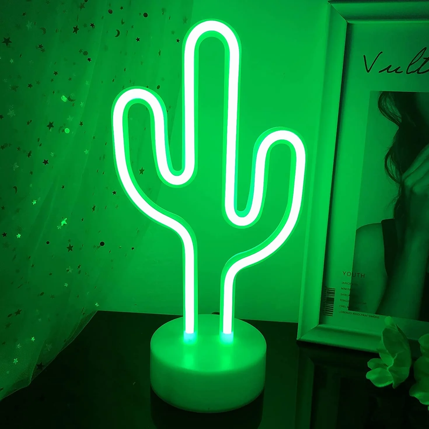 NIWWIN Neonowe lampki LED, lampki do dekoracji sypialni, lampki nocne i lampki nocne na baterie. Używany do dekoracji pokoju dziecięcego, prezentów świątecznych i urodzinowych. (kaktus)