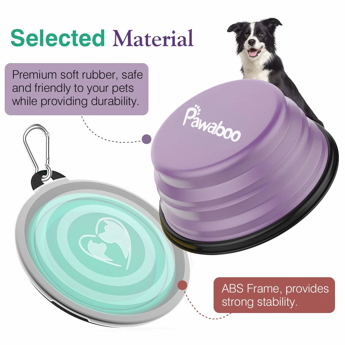 Pawaboo Składana miska dla psa, 2 sztuki, 450 ml, przenośna, silikonowa, szczelna, miska do picia z pokrywką i karabińczykiem, dla psów, kotów, spacerów w drodze - turkusowa + fioletowa