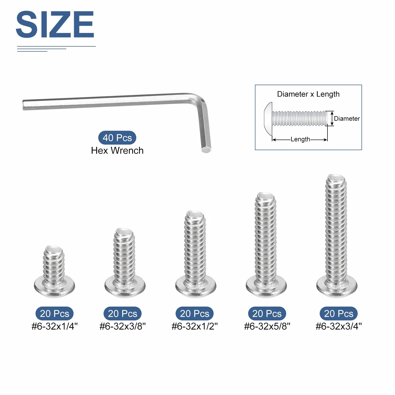 DTGN Zestaw 100 śrub z łbem soczewkowym #6(D) z gniazdem sześciokątnym – 1/4 cala, 3/8", 1/2", 5/8", 3/4 cala (L), stal nierdzewna 304, gwint UNC, asortyment śrub imbusowych