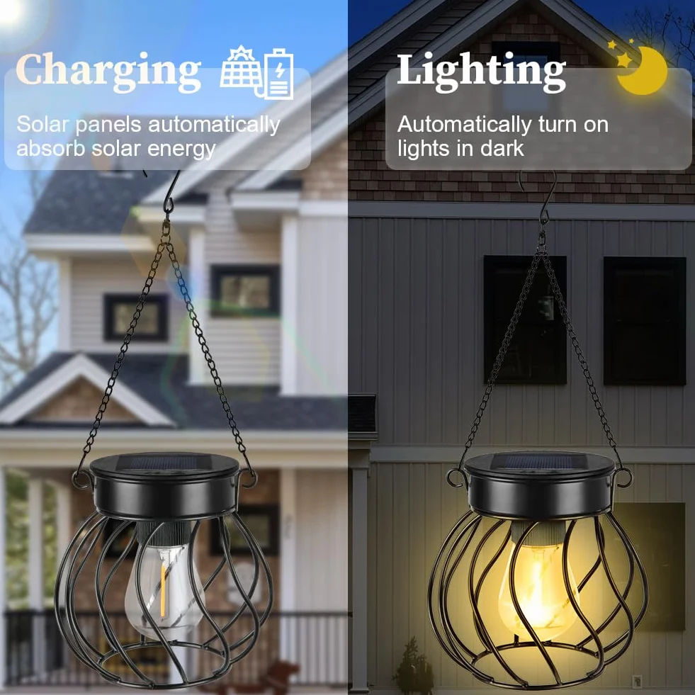 2-pak lampionów solarnych Flintronic – wodoodporne wiszące metalowe lampy solarne do ogrodu IP65 na podwórko, ścieżkę, patio, trawnik, stół i ozdoby ogrodzeniowe