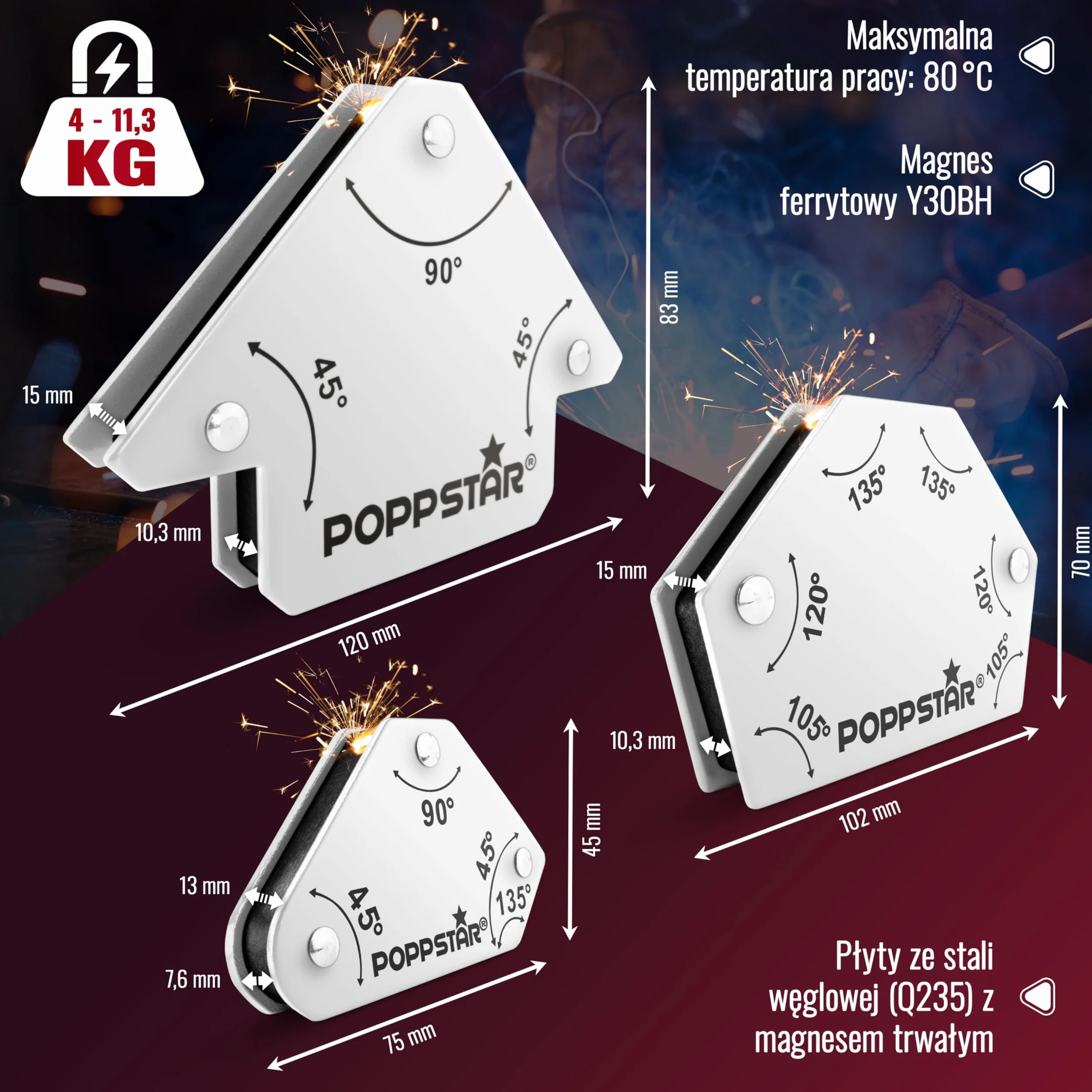 Magnes spawalniczy Poppstar zestaw 6 sztuk 45/90/135° 30/45/60/75/90/135° 11,3 kg 4 kg
