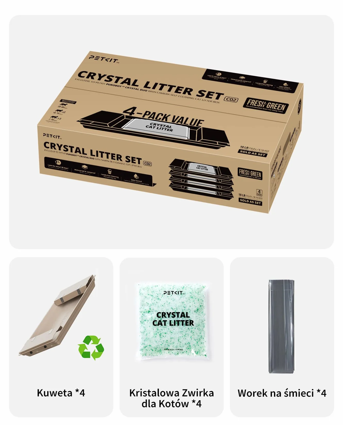 PETKIT Zestaw do Krystaliczny Żwirek dla Kotów, do PUROBOT CRYSTAL DUO Samoczyszcząca Kuweta dla Kotów, Podwójne Zbieranie Odpadów, Wymienna Tacka, Kontrola Zapachów, 4 Sztuki, Zielony
