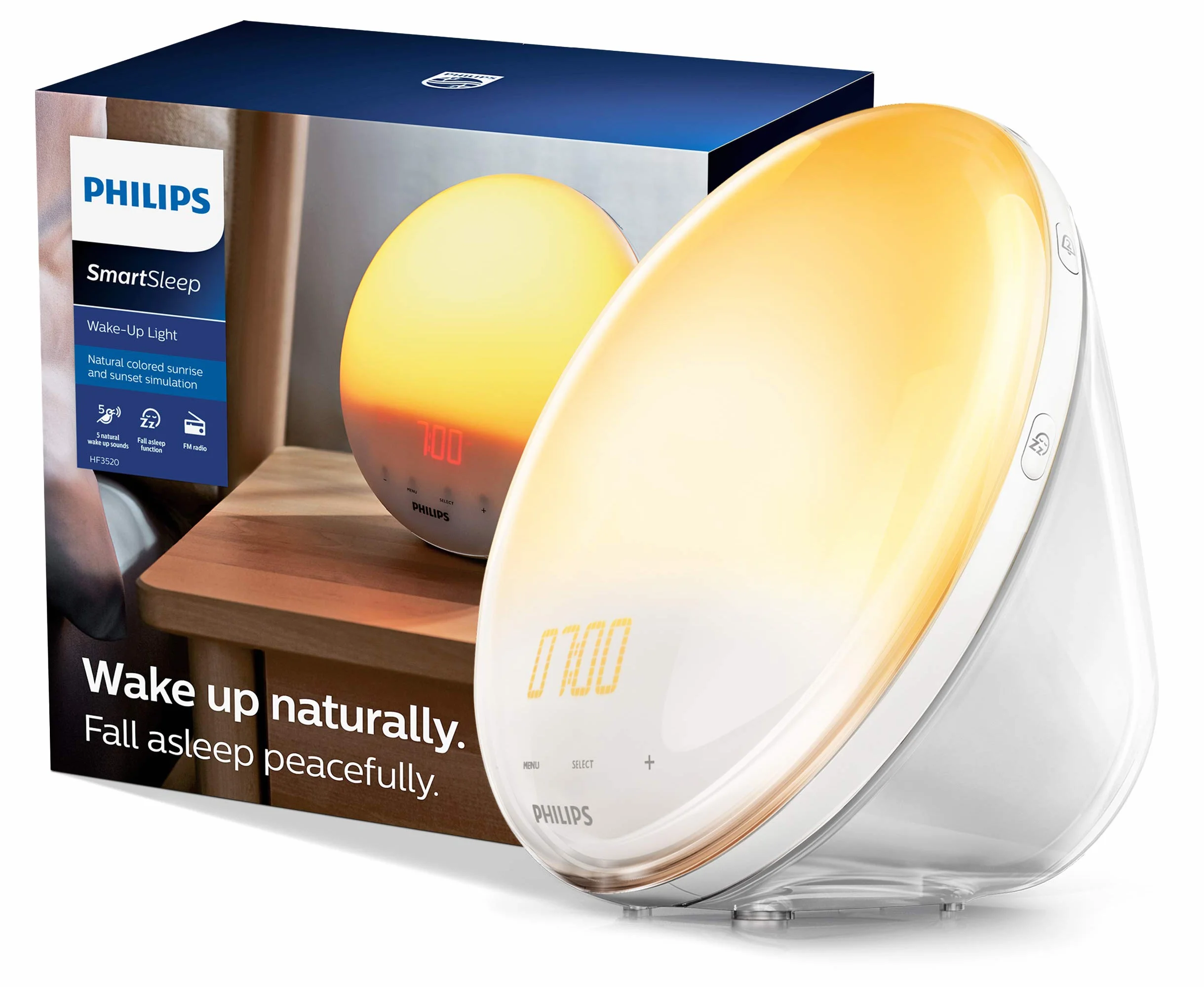 Philips SmartSleep Wake Up Light, kolorowa symulacja wschodu i zachodu słońca, 7 naturalnych dźwięków, radio FM i lampa do czytania, drzemka z kranem (model HF3531/01)