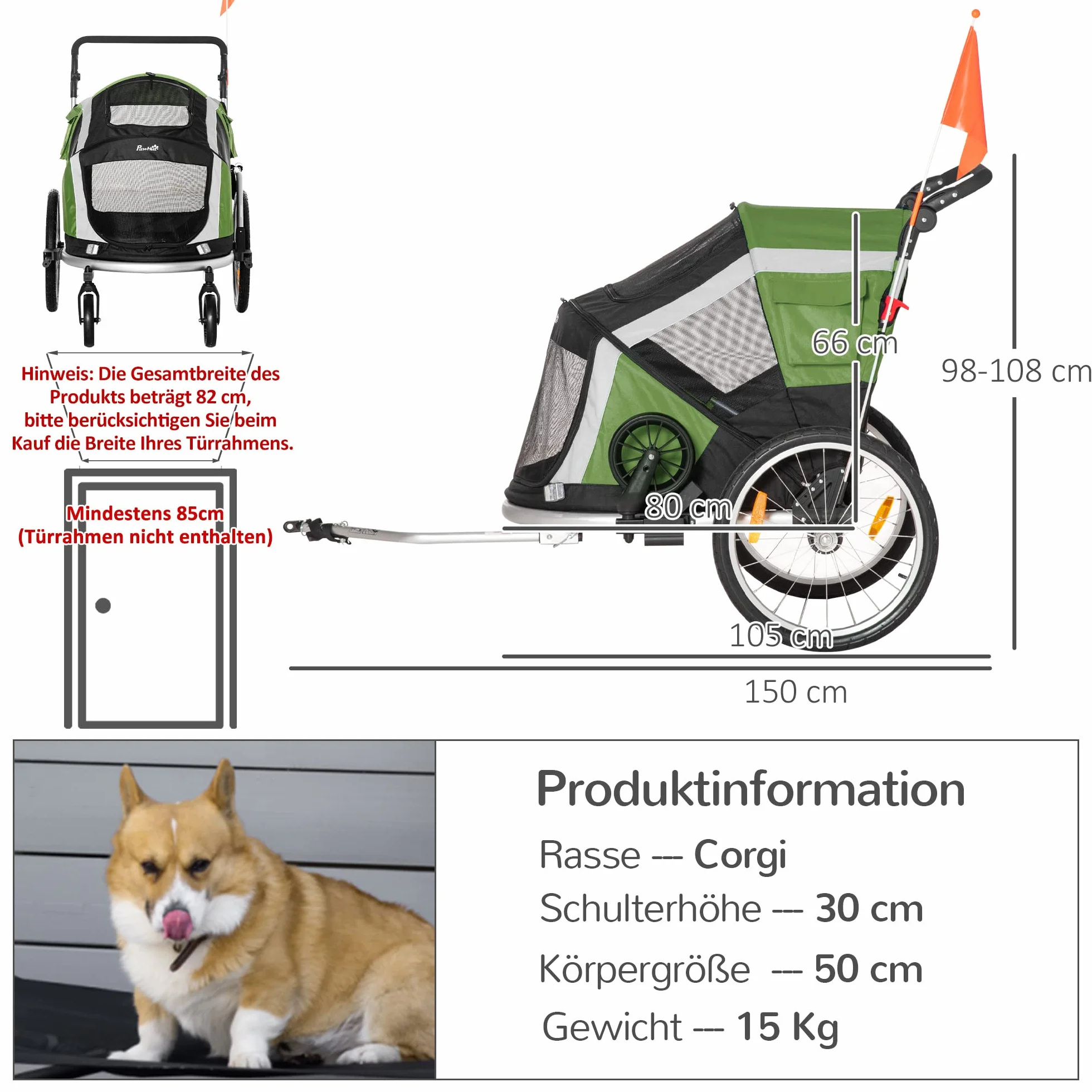 PawHut 2-in-1 Hundeanhänger klappbar Haustier Fahrradanhänger Hundetransporter Hunde Fahrrad Anhänger atmungsaktiv Aluminium Oxford Gewebe 150 x 82 x 108 cm