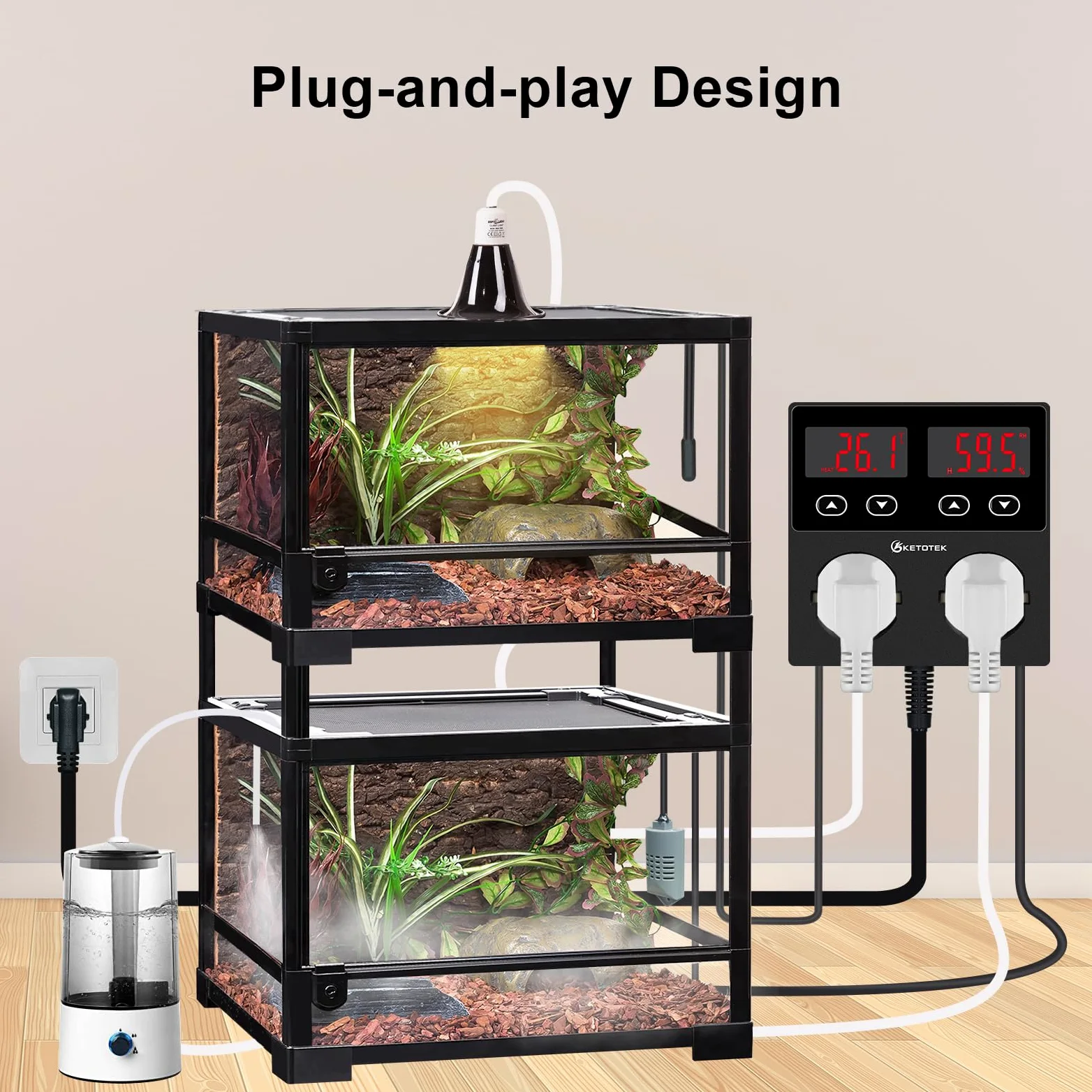 KETOTEK Termostat z higrostatem gniazdko cyfrowe 230 V regulator temperatury i wilgotności do szklarni terrarium