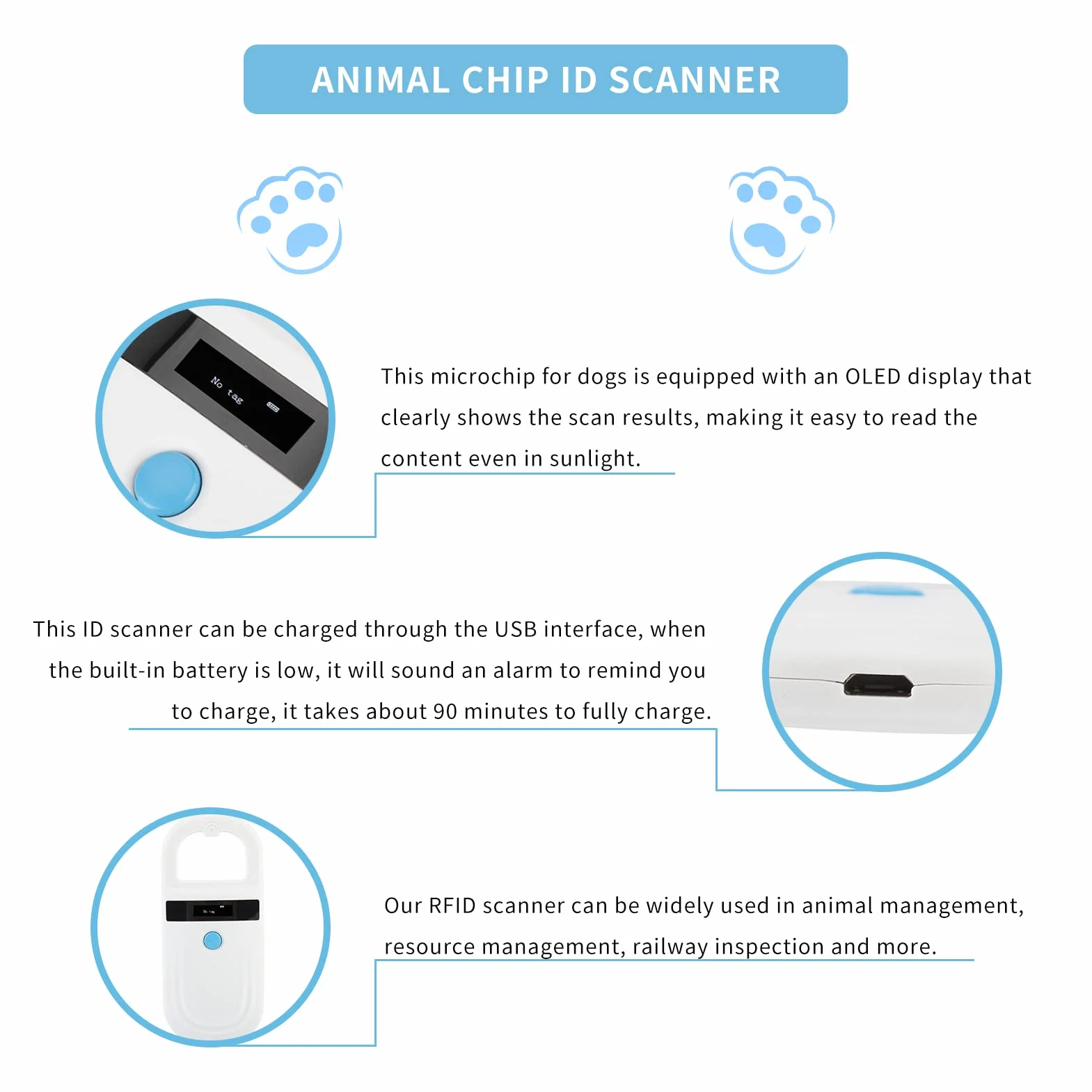 Pet Microchip Scanner, 134,2 Khz / 125 Khz Pet Microchip Reader z Wyświetlaczem OLED, Alarm Niskiego Poziomu Baterii Animal Chip ID Skaner dla FDX B (ISO11784/11785) i EMID