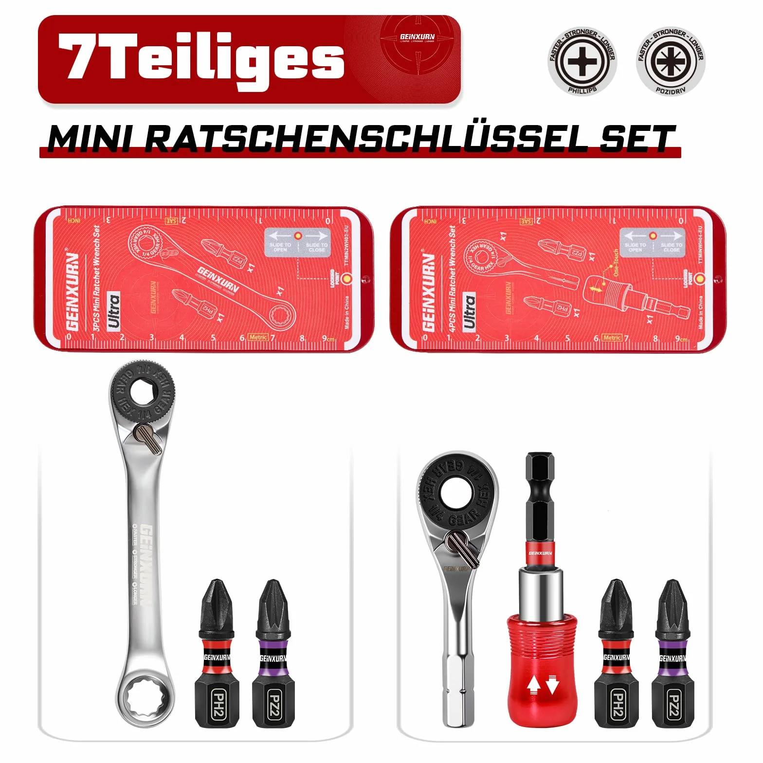 Geinxurn Zestaw 2 mini kluczy z grzechotką, 72 zęby, 1/10.2 cm, klucz nasadowy z grzechotką do ciasnych przestrzeni, z magnetycznym uchwytem na bity udarowe i bitami PH2 PZ2, wszystko w walizkach