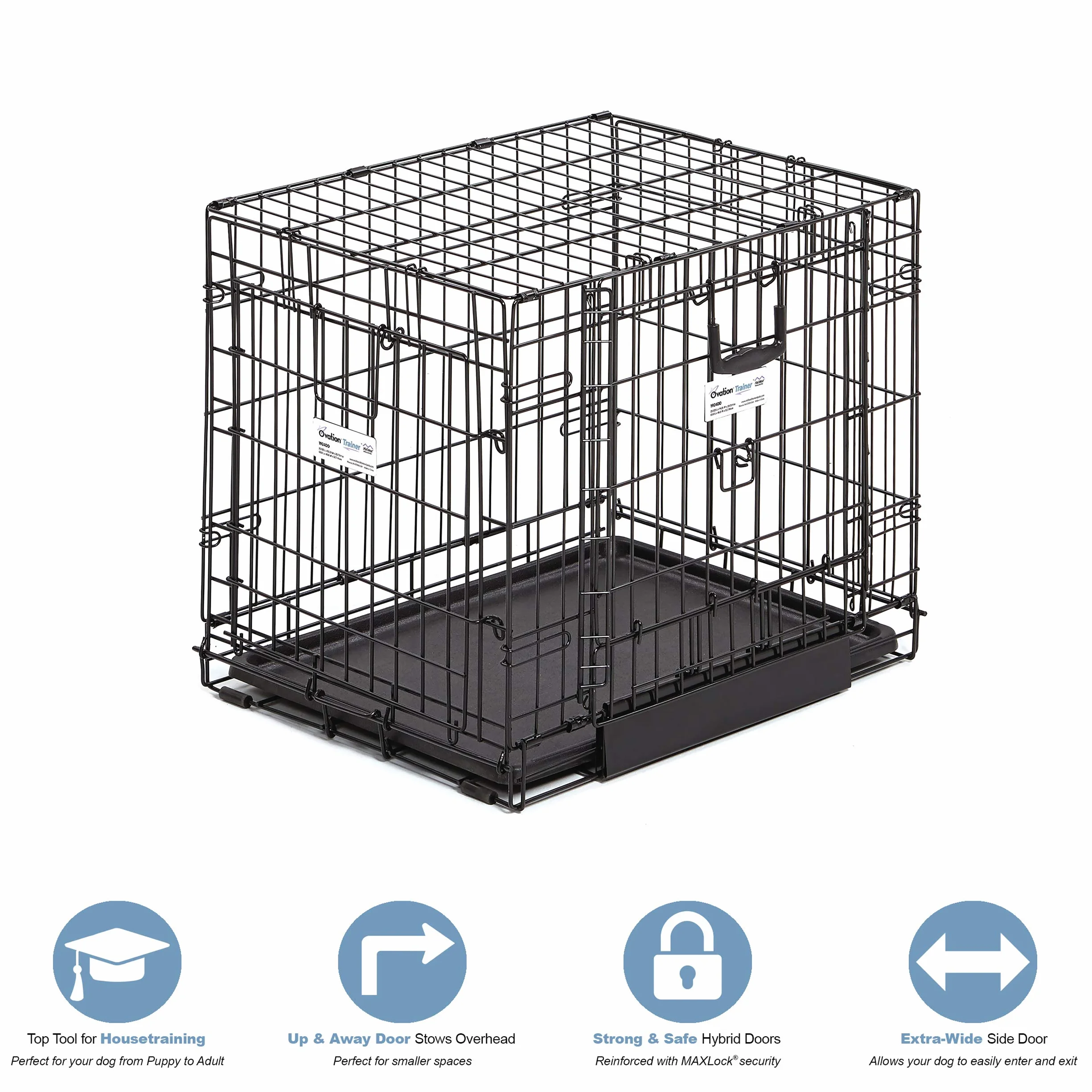 MidWest Homes for Pets Small Ovation Double Door 24-inch Folding Metal Dog Crate, Front and Up & Away Side Doors, Space-Saving Design