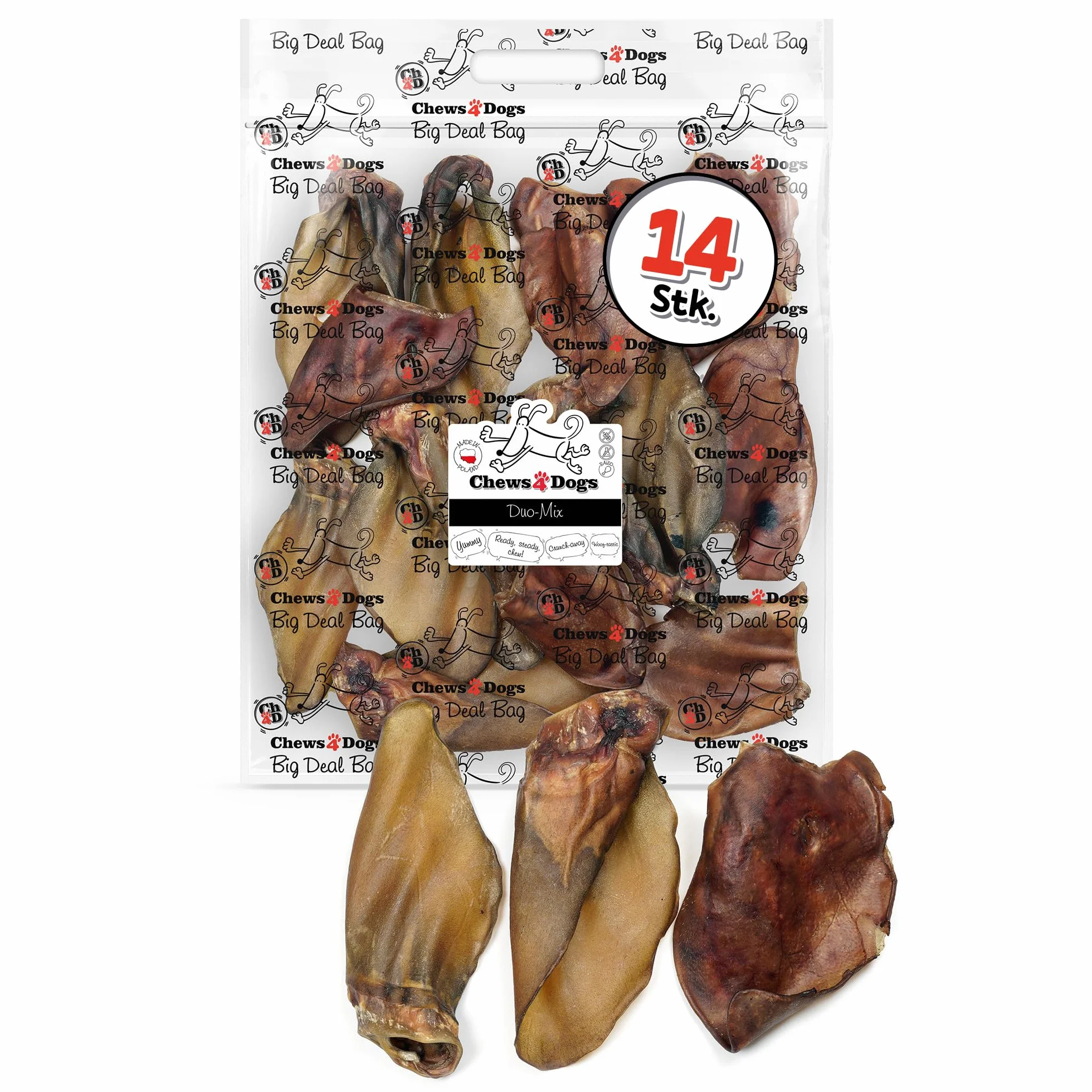 Duo-Mix, Ch4D świńskie uszy i wołowe uszy dla psów – naturalny gryzak z UE – suszony powietrzem, bez dodatków – gryzak wspierający higienę zębów i zajęcie psa – opakowanie ze struną