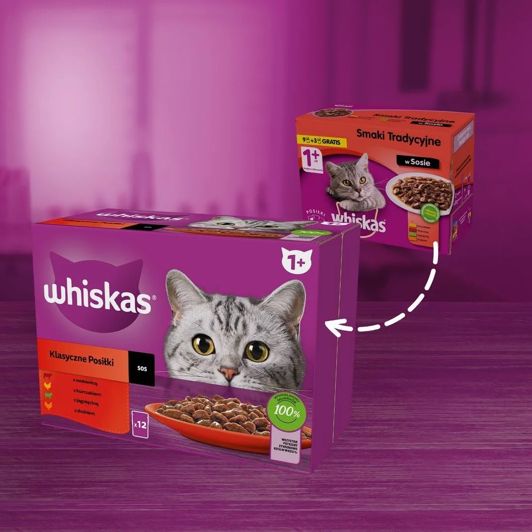 WHISKAS Posiłki dla kotów - 48 saszetek świeżości (zestaw 2 opakowań 24 x 85 g), klasyczne posiłki (4 odmiany), pasta dla dorosłych kotów w sosie. Pełna, mokra karma odpowiednia również dla kotów