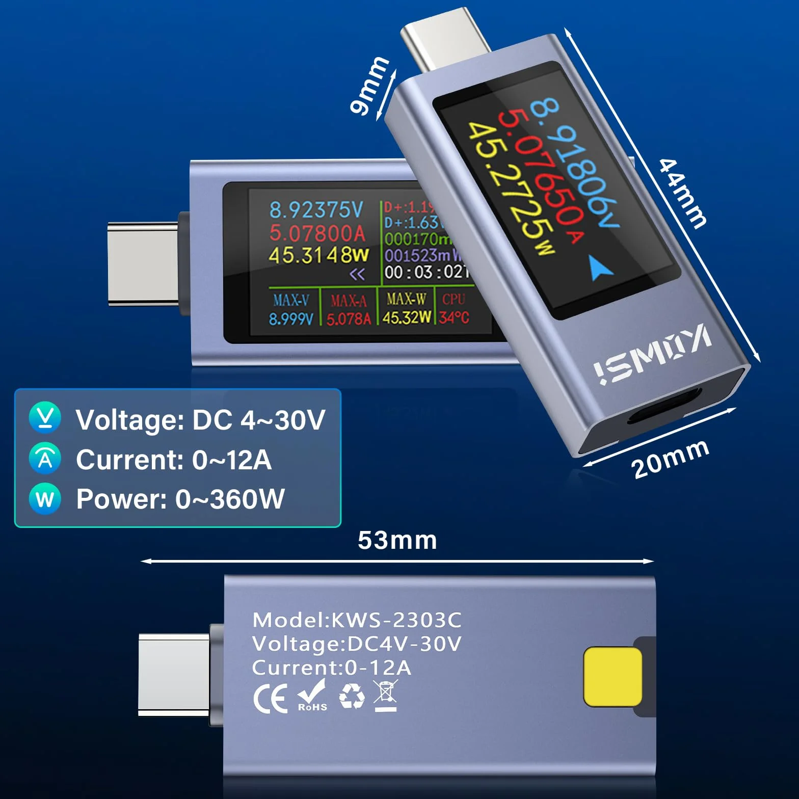 Tester USB C, 360 W, 4-30 V, 0-12 A, typ C, cyfrowy miernik mocy, wielofunkcyjny miernik napięcia, prądu, mocy, pojemności, temperatury CPU