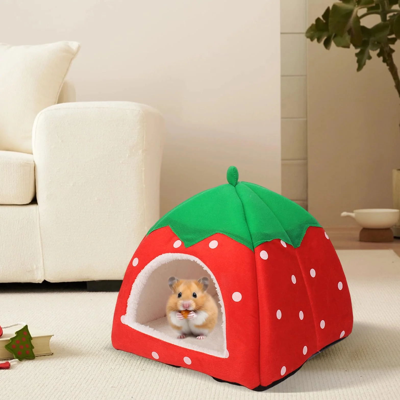 Domek dla świnki morskiej, przytulna jaskinia z wyjmowaną matą, łóżko dla świnki morskiej, szczurów, akcesoria dla królików miniaturowych, chomików, chomików, wiewiórek (24 x 24 cm, czerwony)